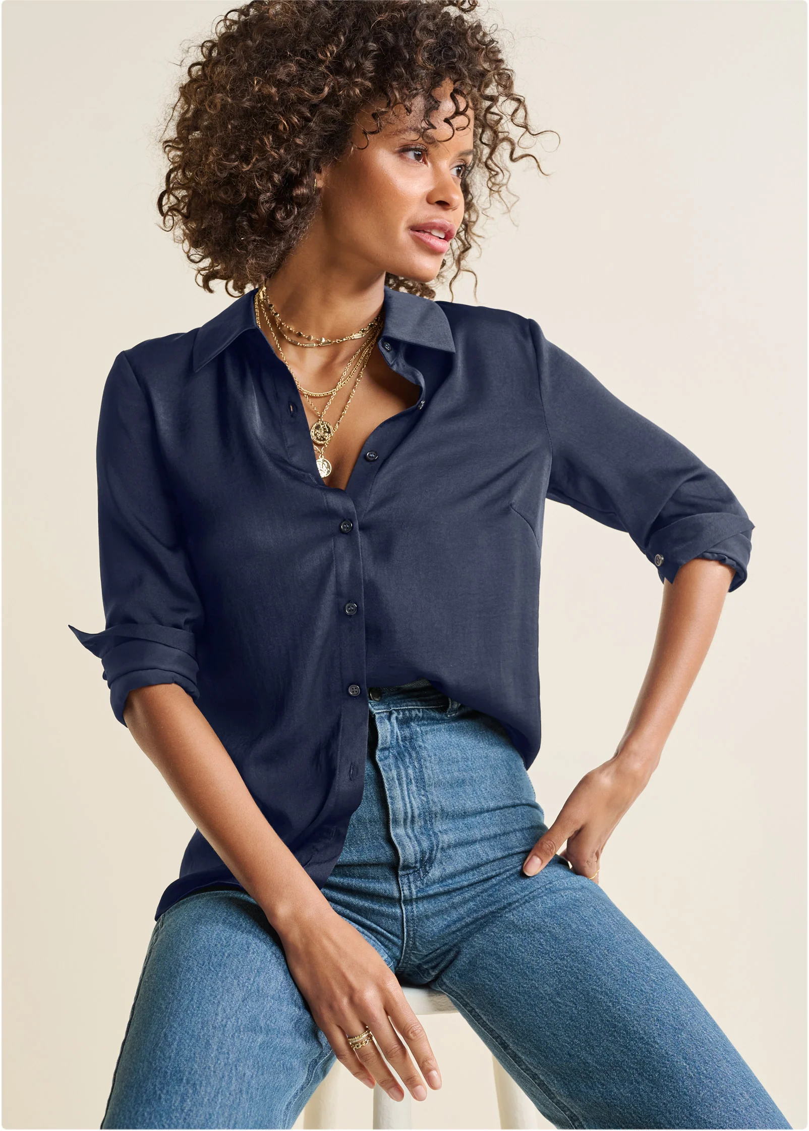 Soft button-down blouse - Navy