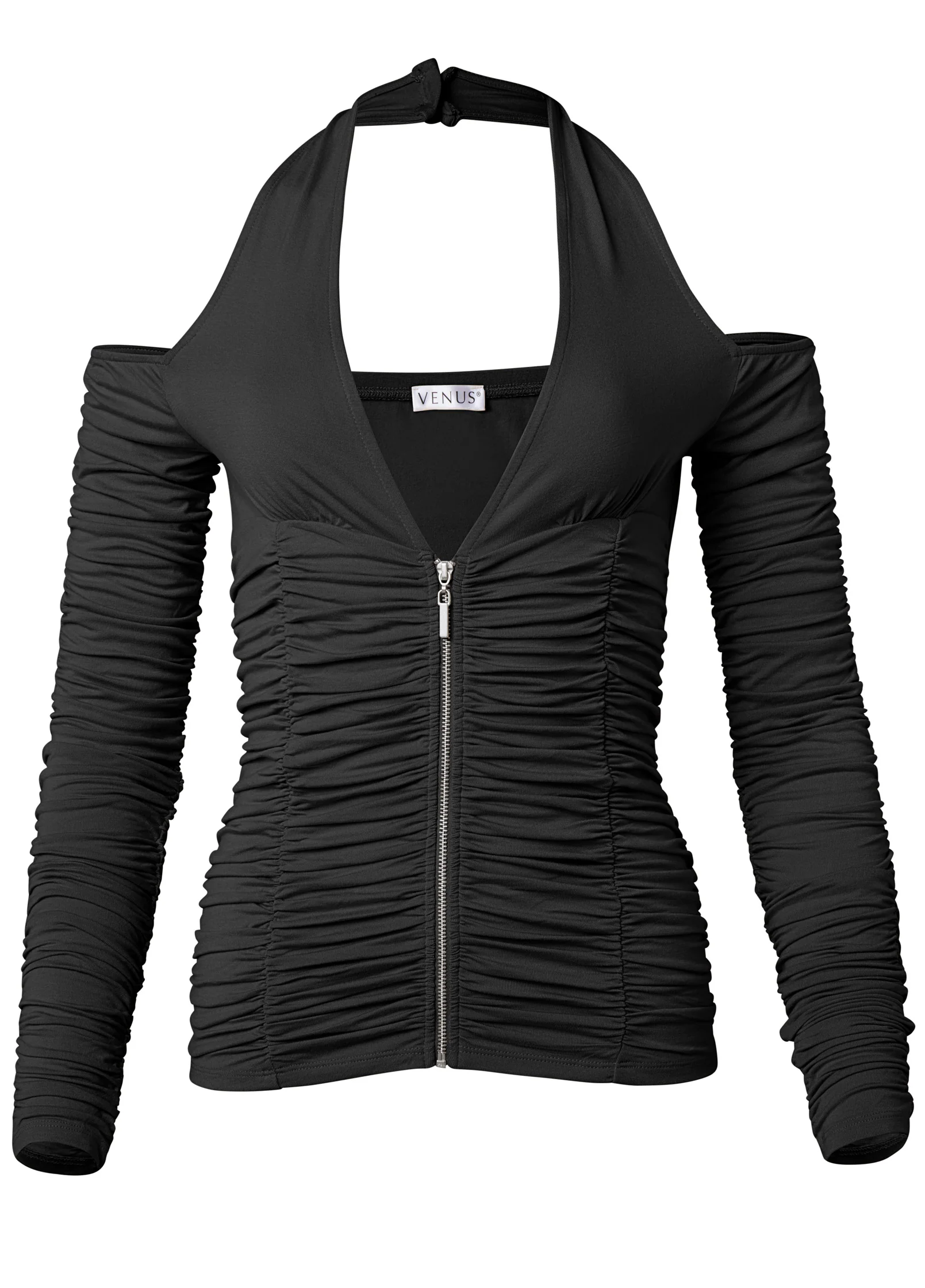 Zip-up ruched V-neck top - Black