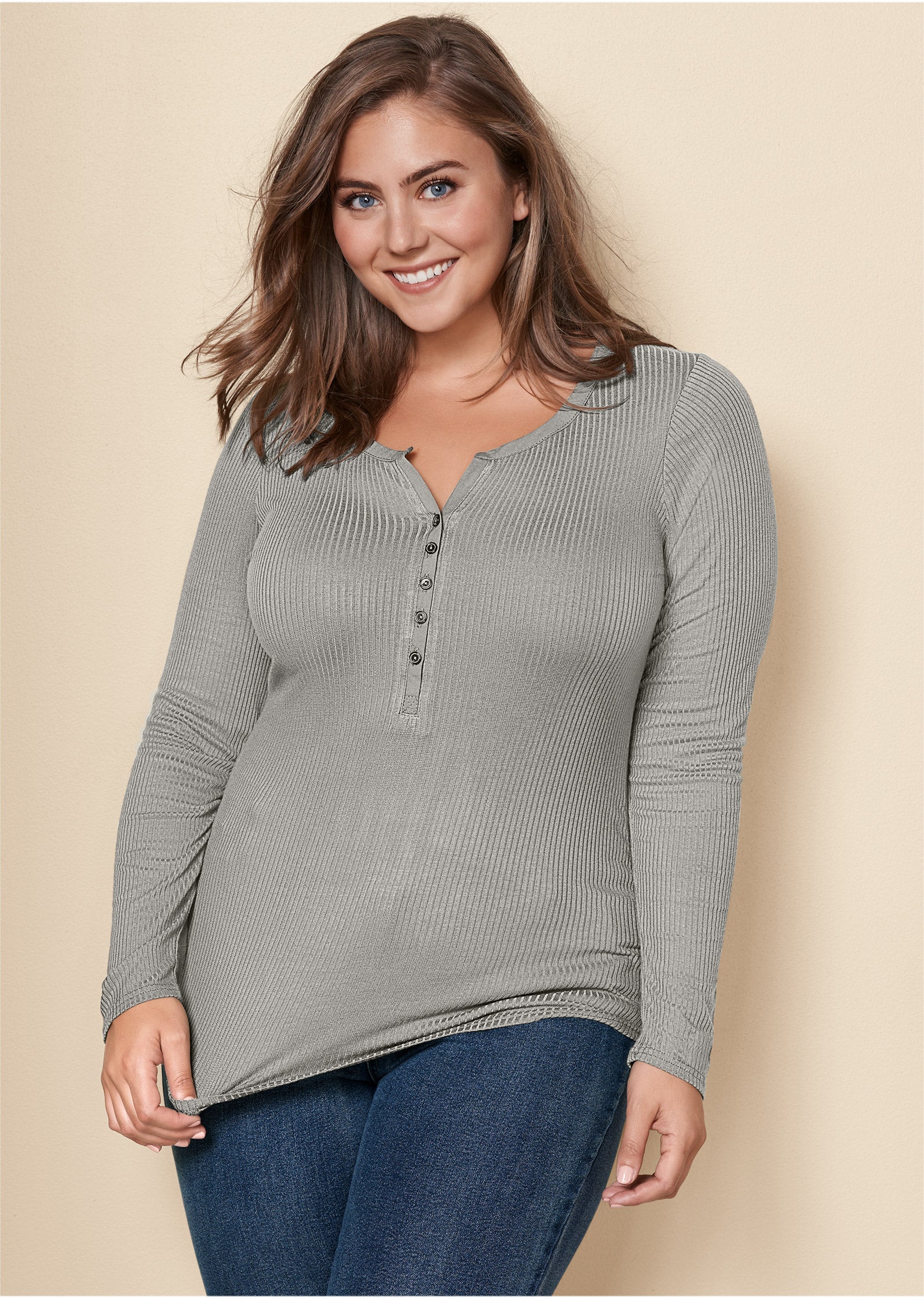 Ribbed Henley top - Heather Grey