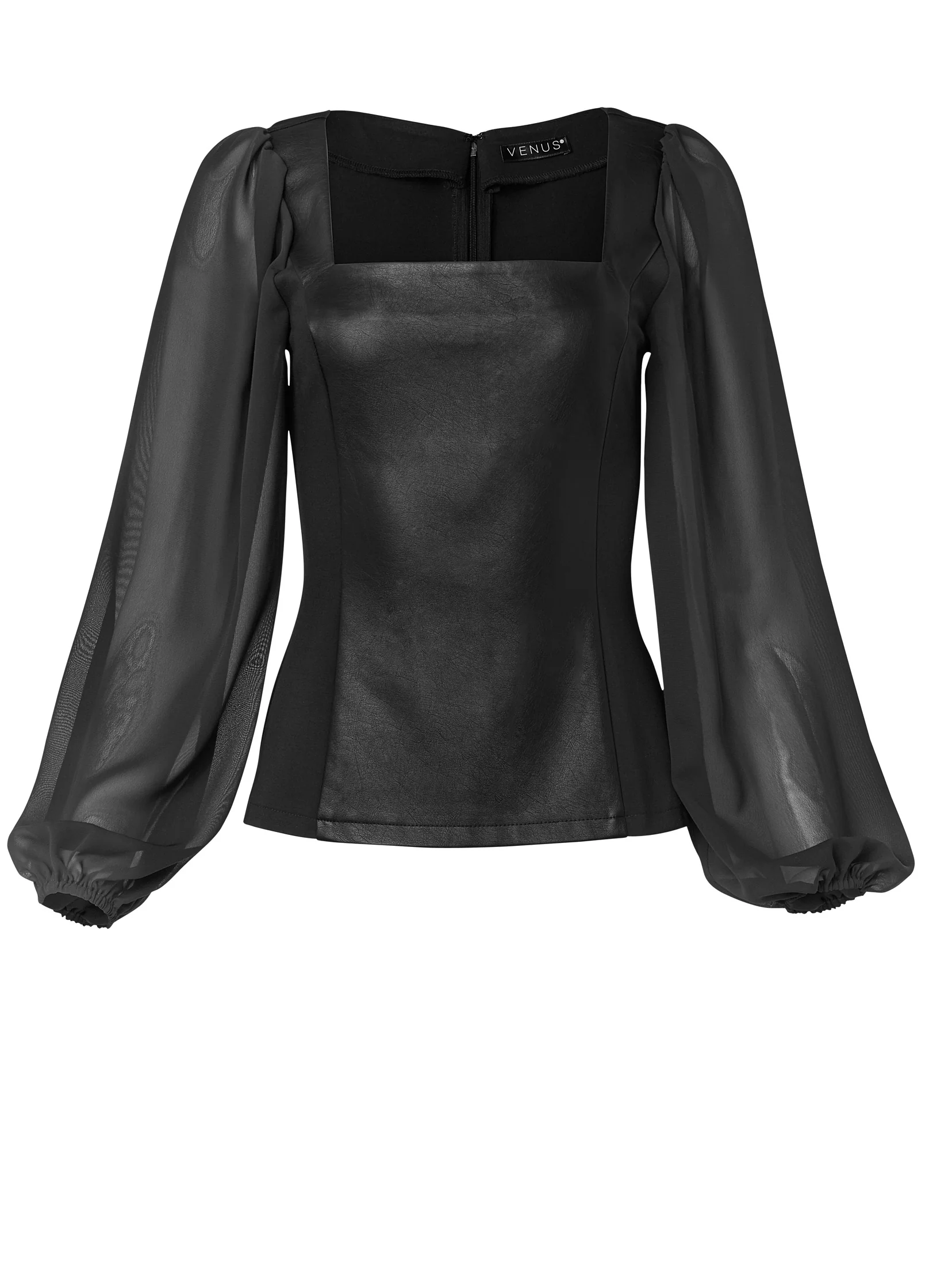 Faux leather mesh sleeve top - Black