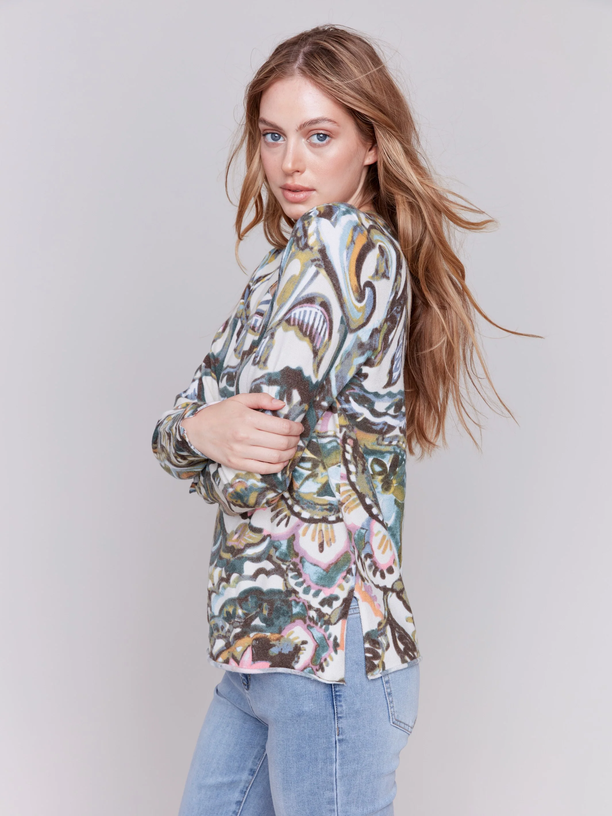 Printed V-Neck Sweater - Peacock