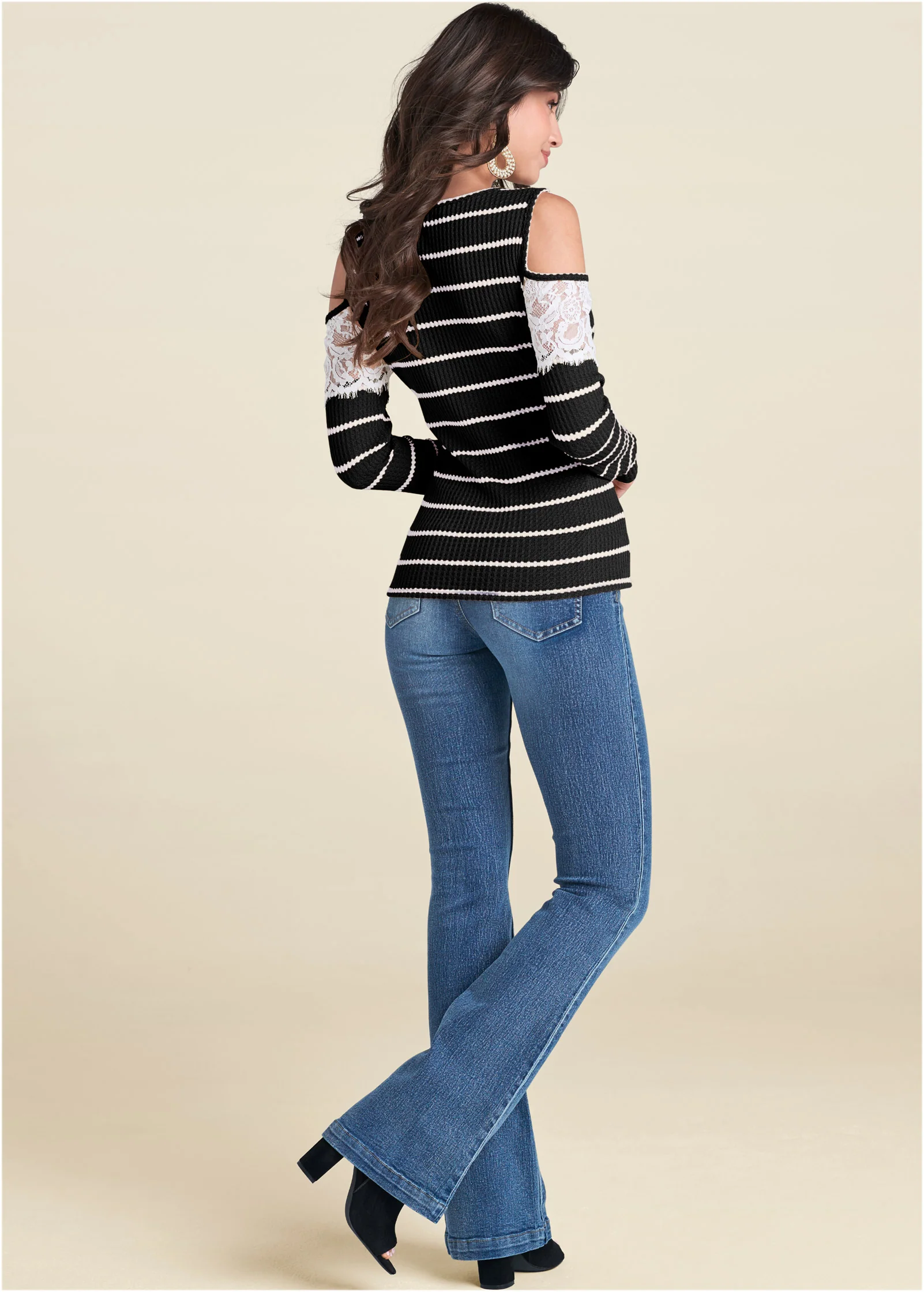 Waffle knit lace top - Black & White