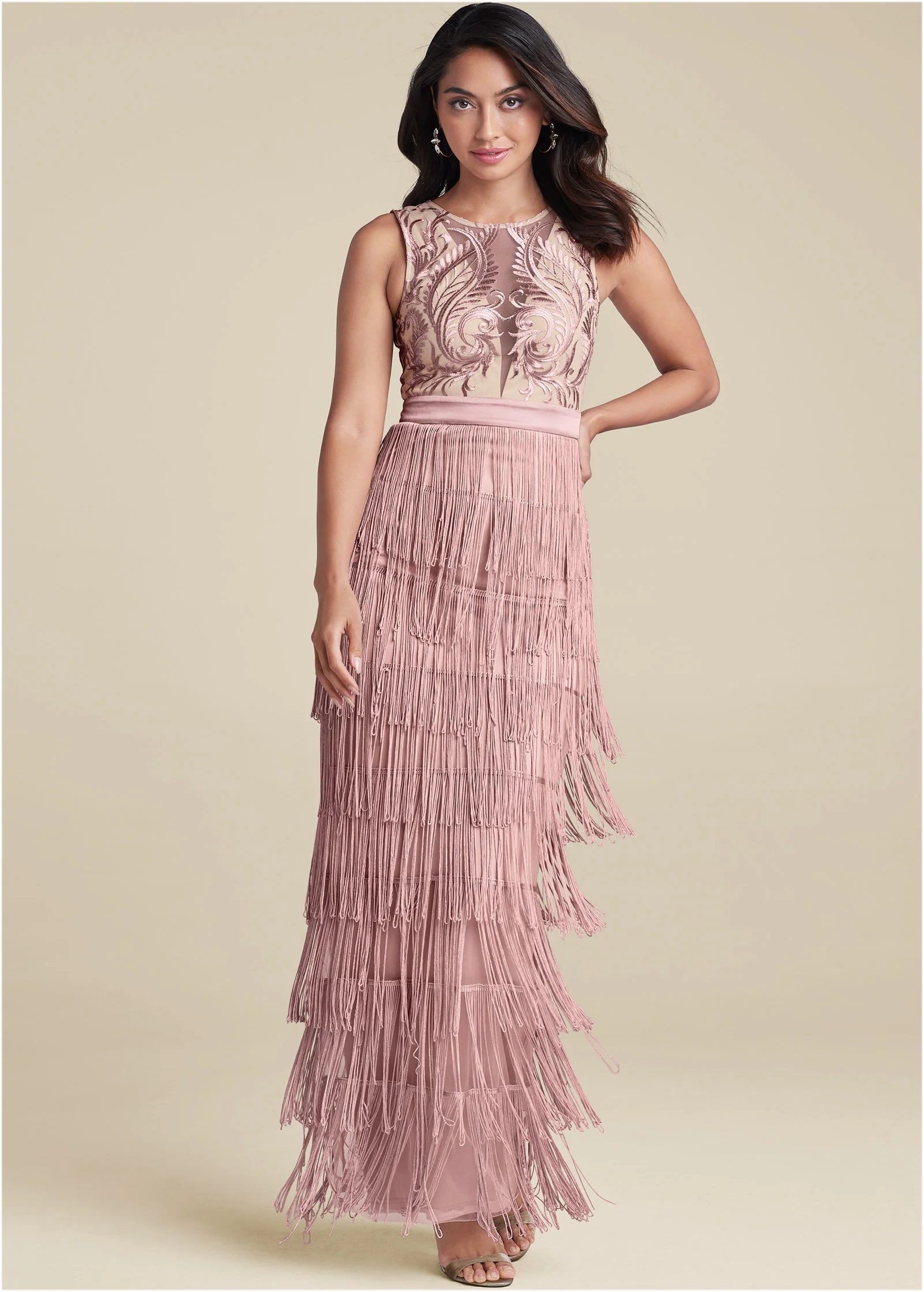 Embroidered fringe long dress - Tan