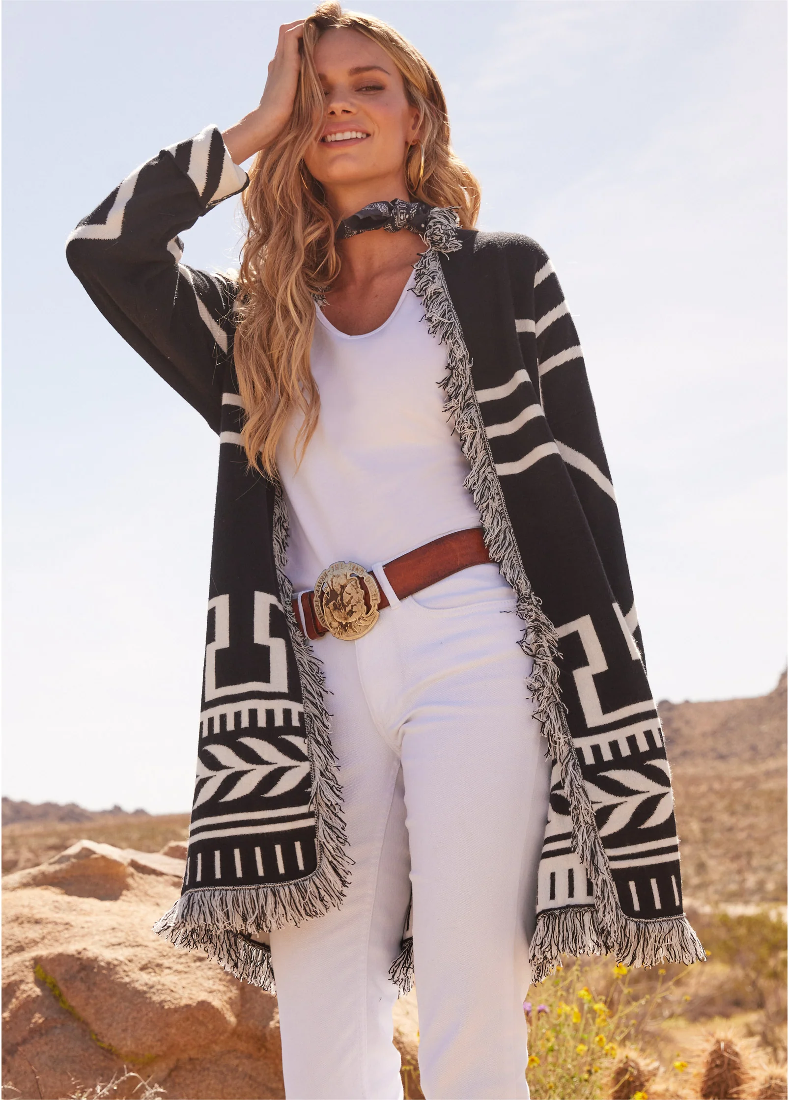 Fringe belted cardigan  - Black & White