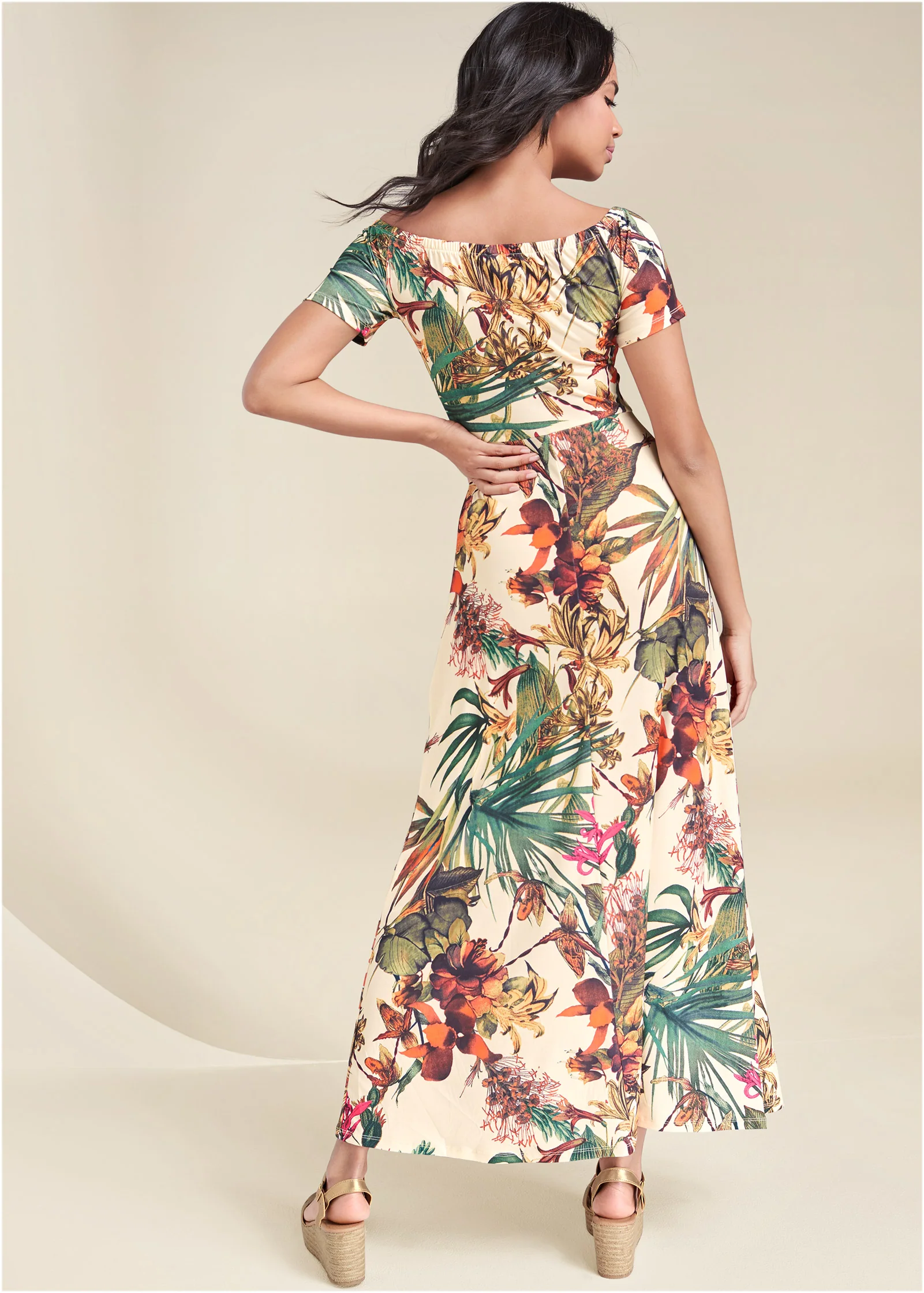 Off-the-shoulder maxi dress - White Multi