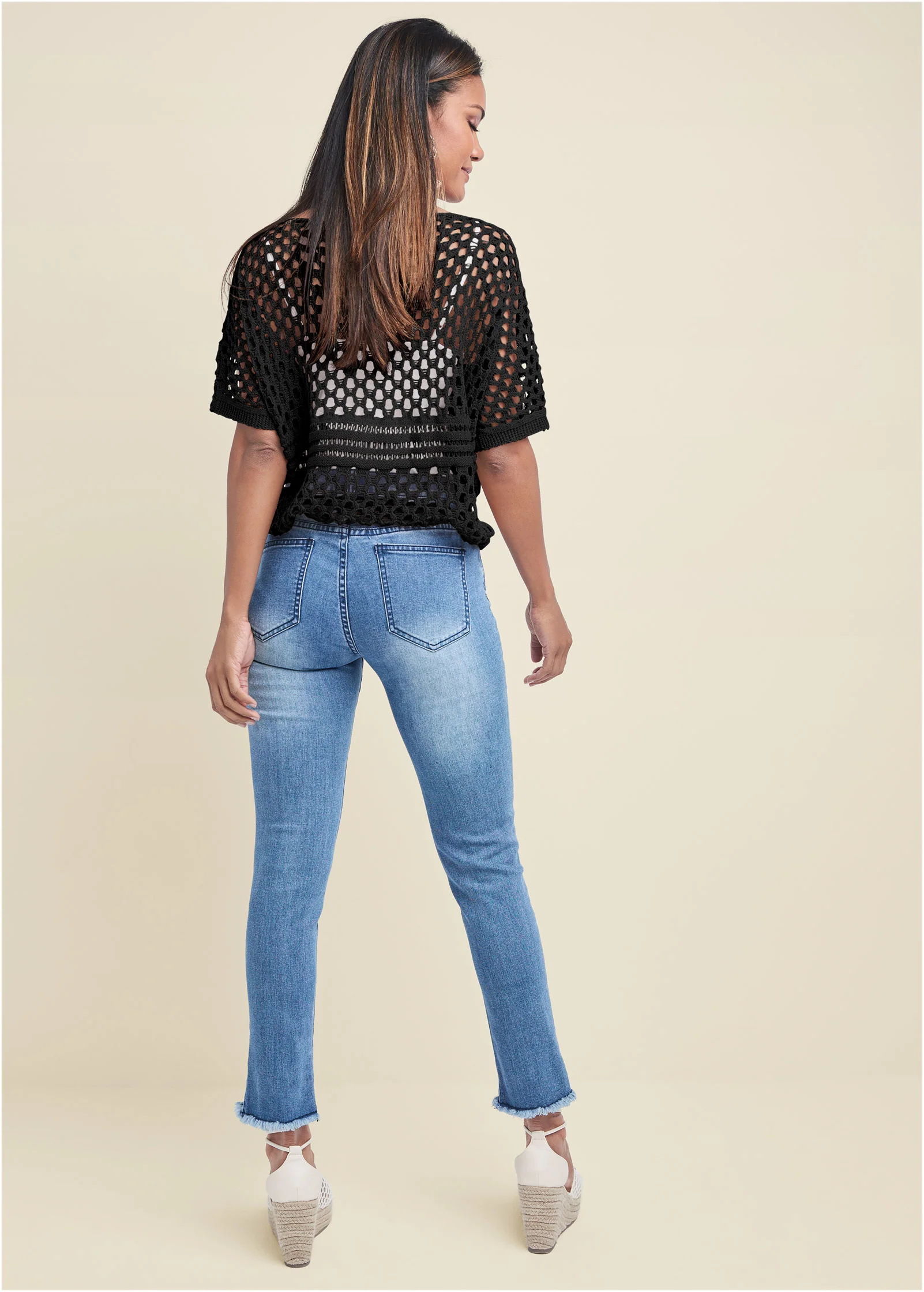 Cotton open knit sweater - Black