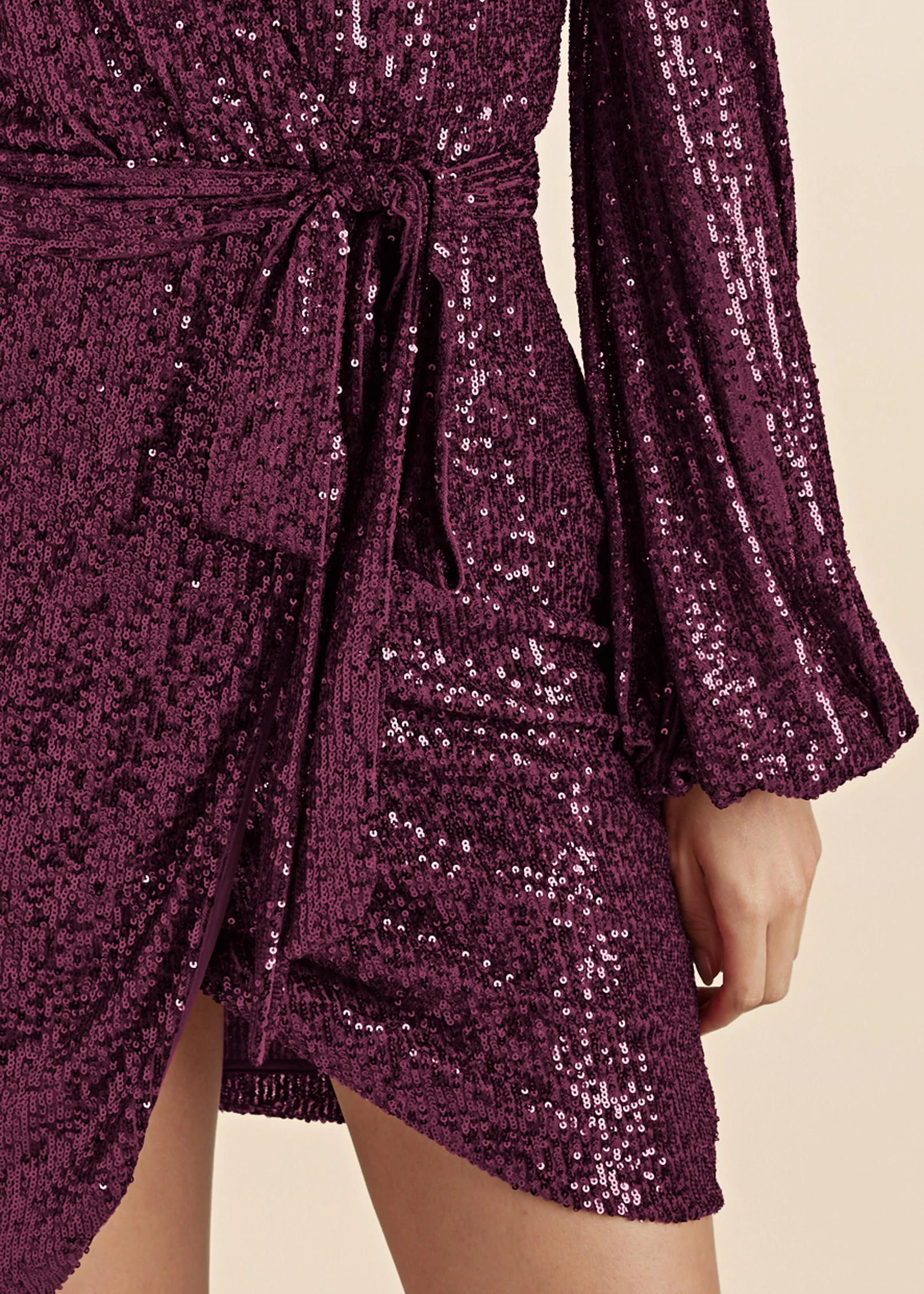 Belted sequin wrap dress - Wine