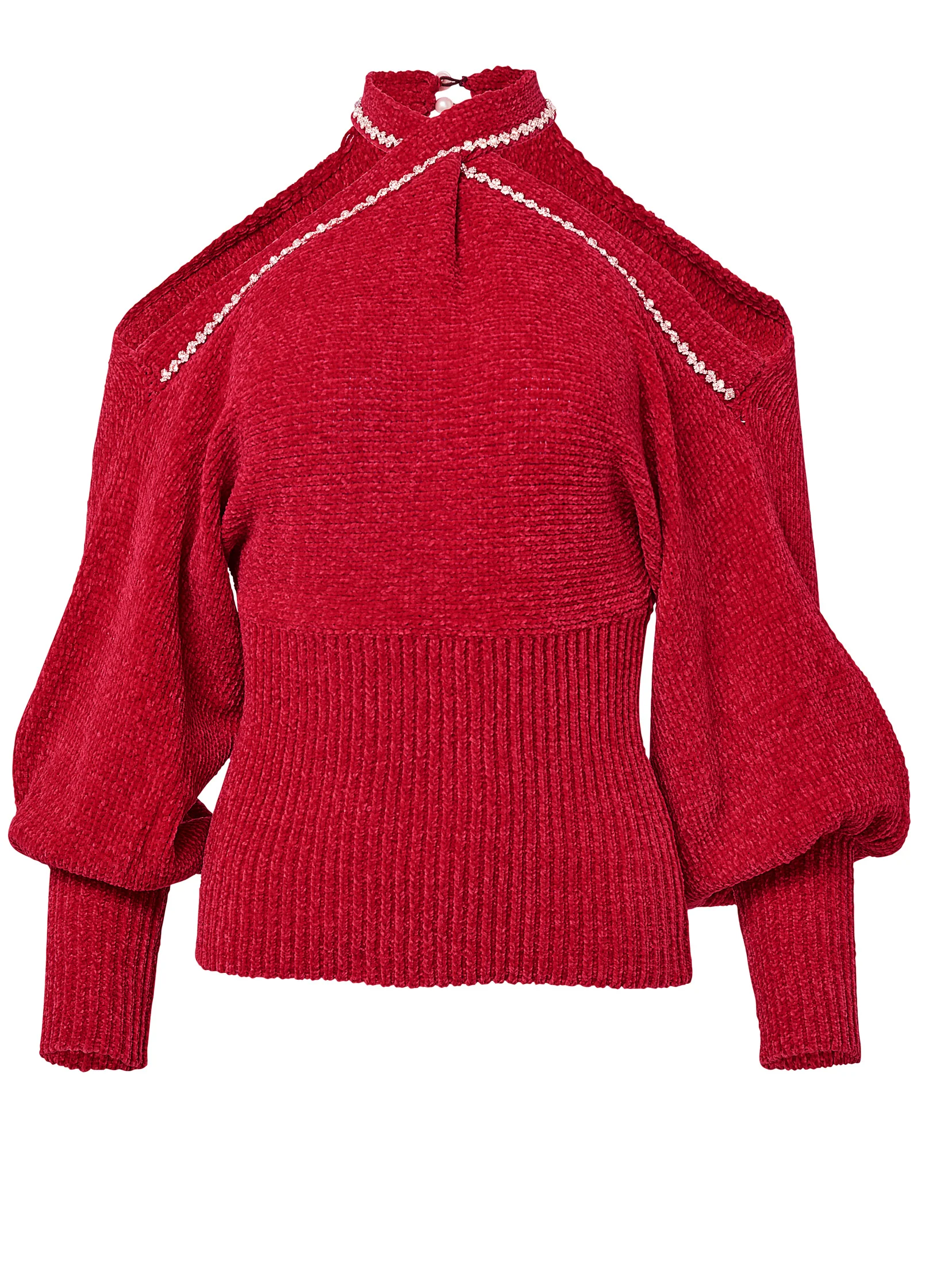 Jeweled Chenille cold shoulder sweater - Red