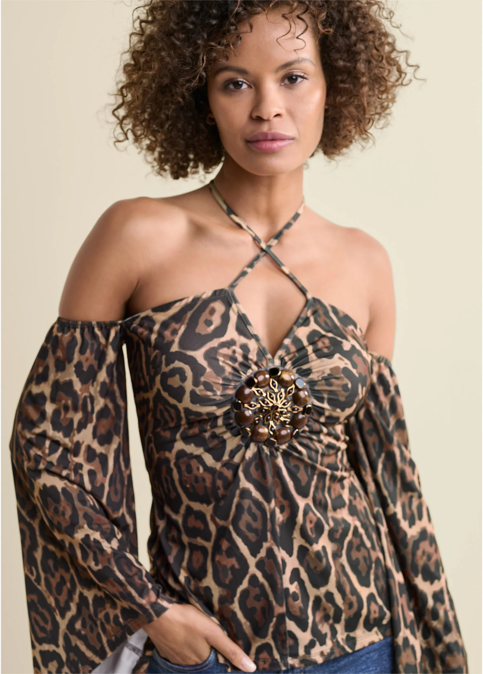 Halter tie animal print top - Brown & Black