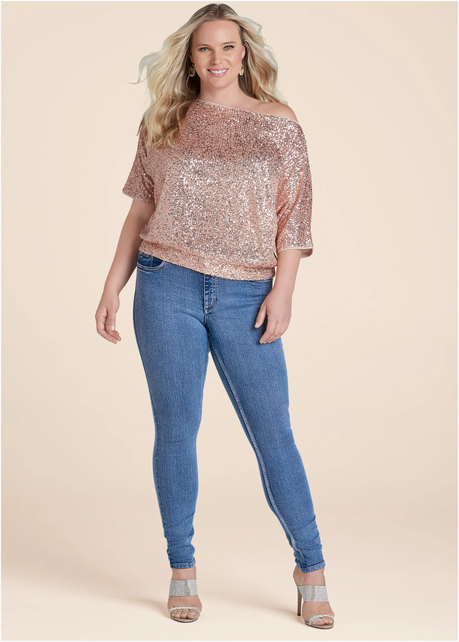 Off-shoulder sequin top - Rose Gold