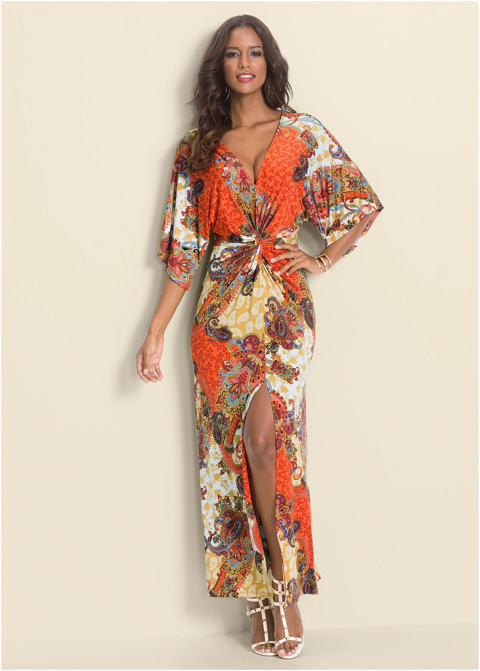 Twist front maxi dress - Orange Multi