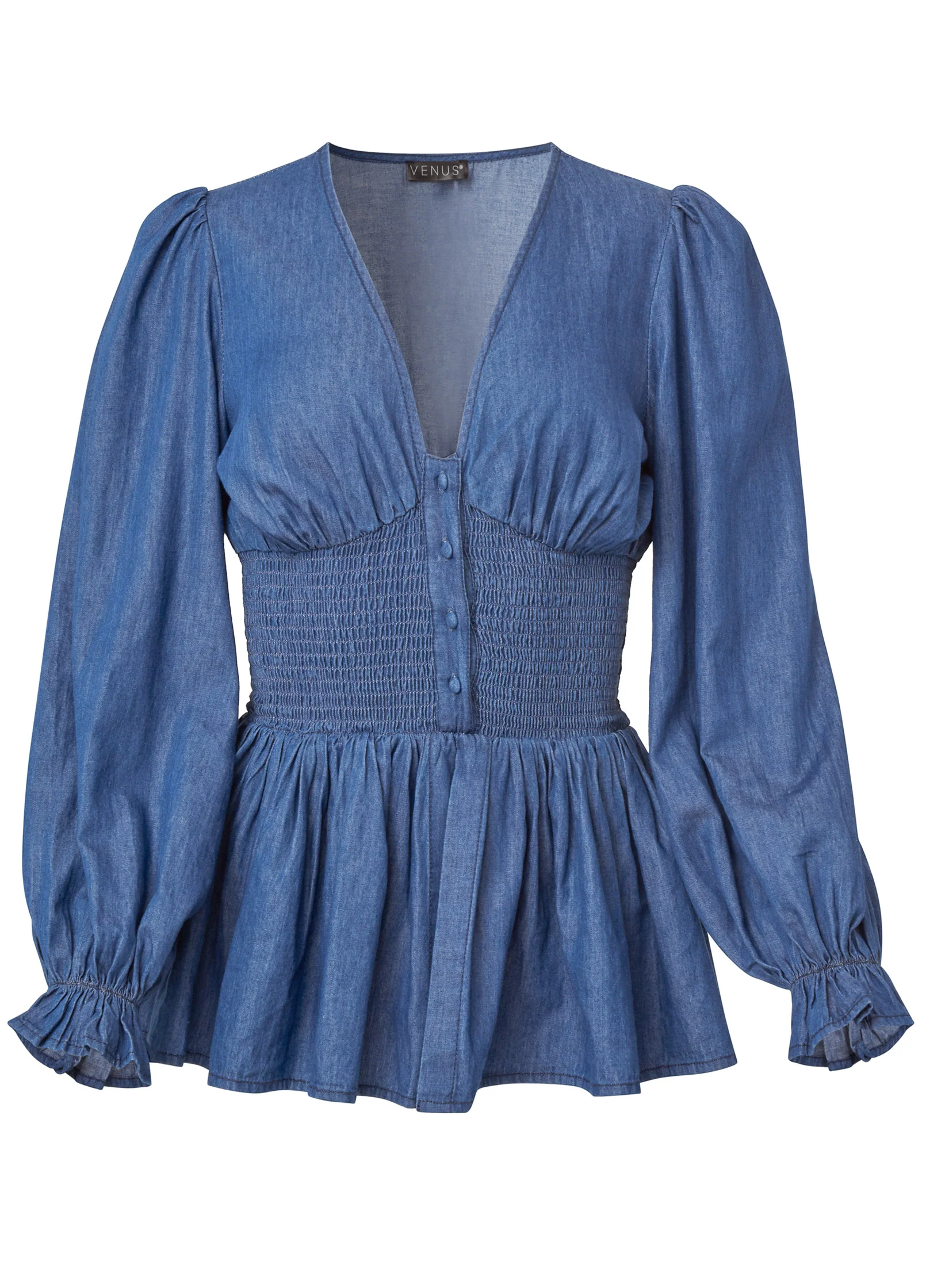 Smocked waist chambray top - Medium Wash