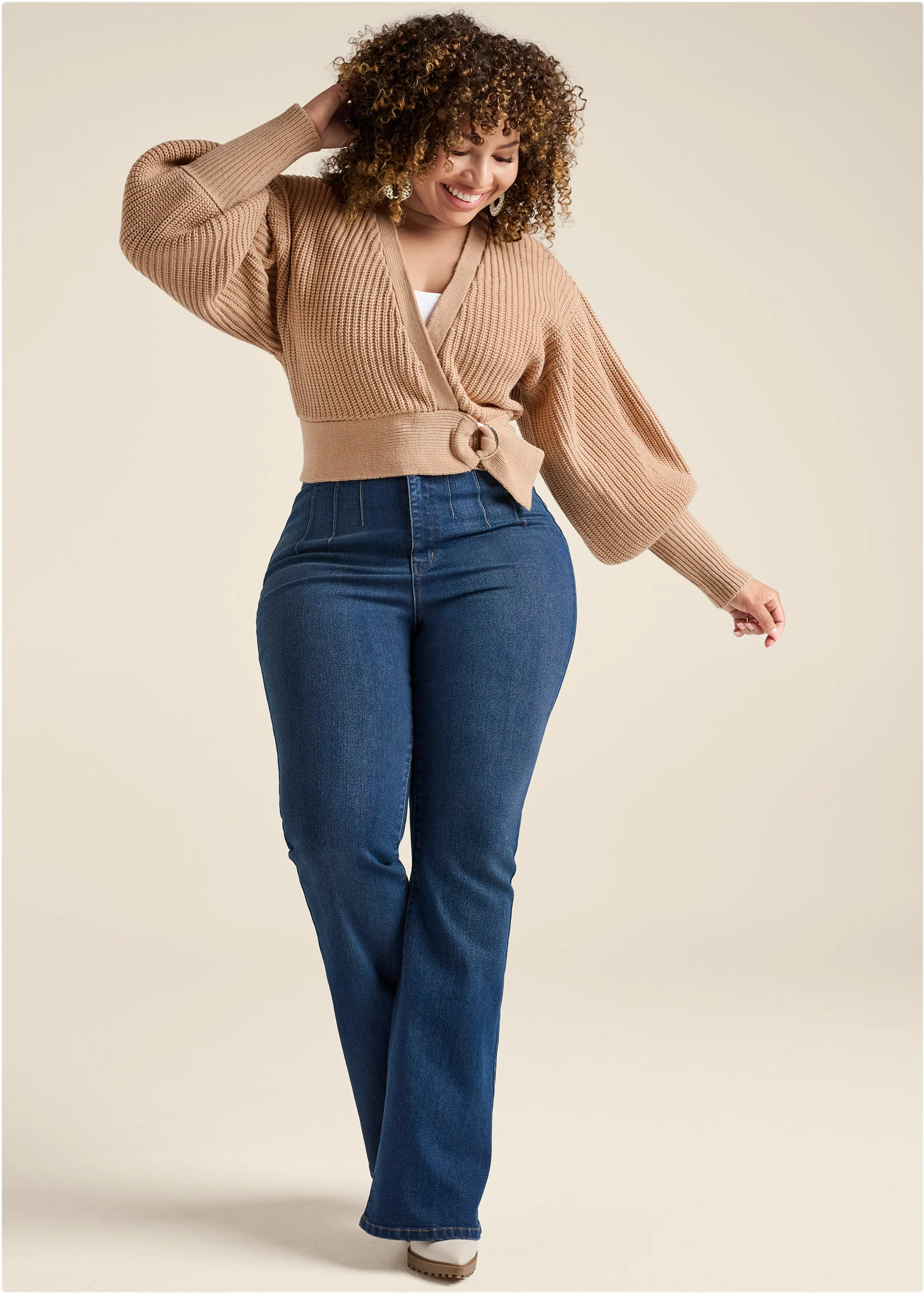 Wrap balloon sleeve sweater - Light Brown