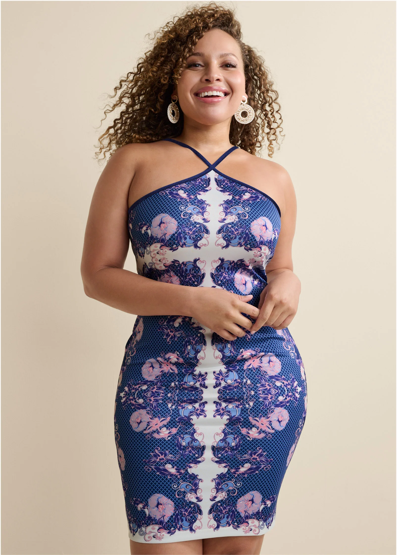 Bodycon Y-neck midi dress - Purple Multi