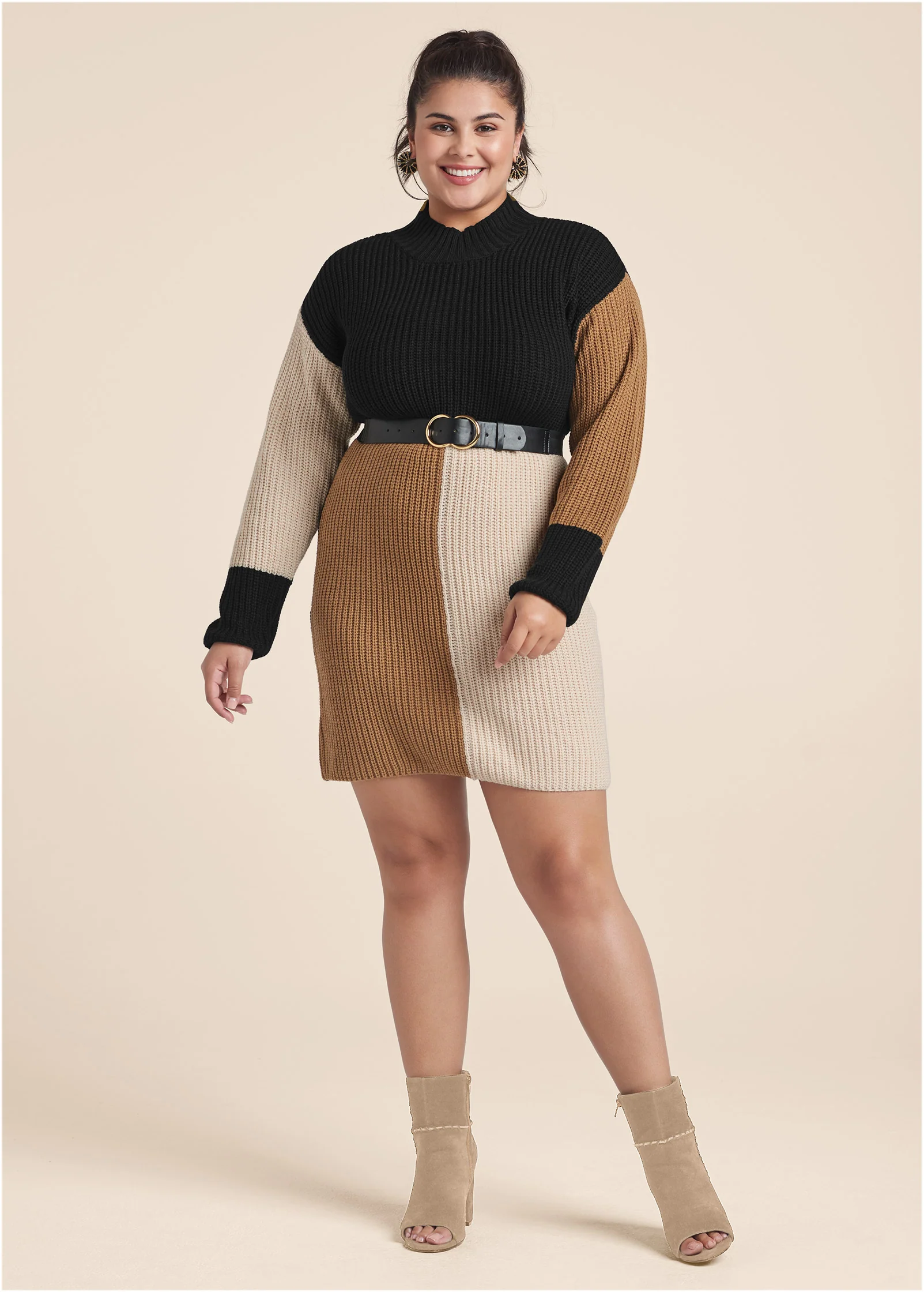 Belted color block sweater dress - Black Multi
