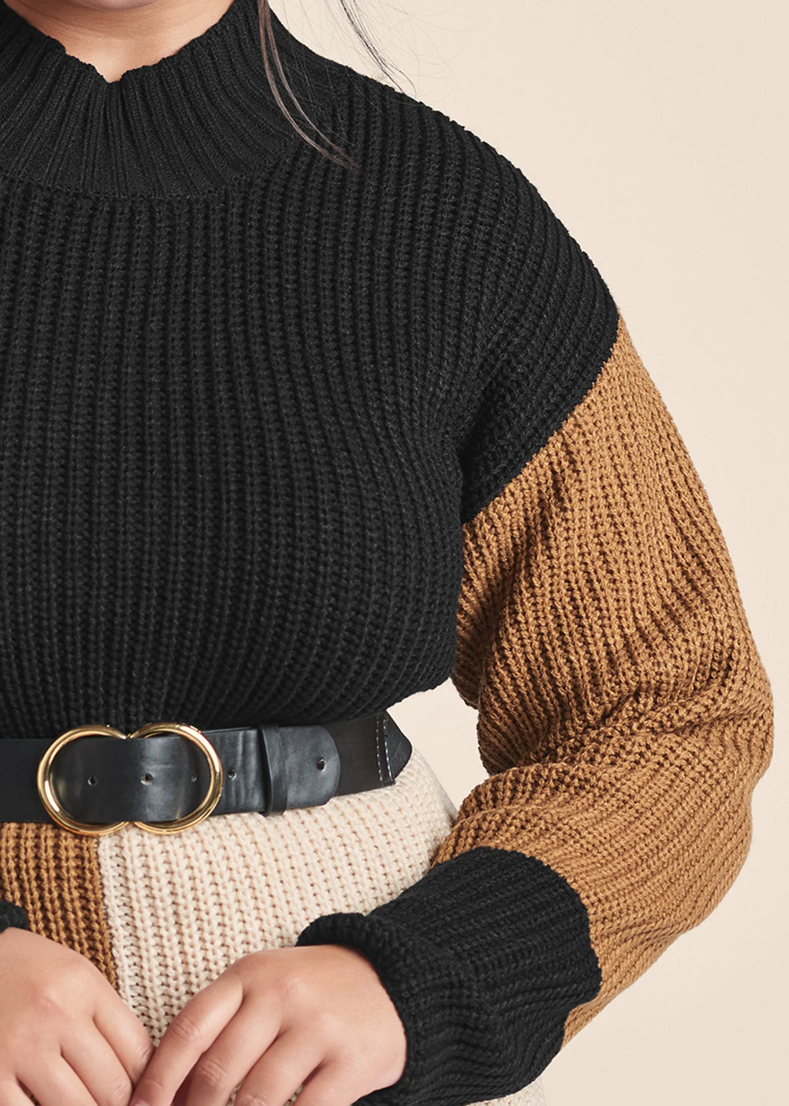 Belted color block sweater dress - Black Multi