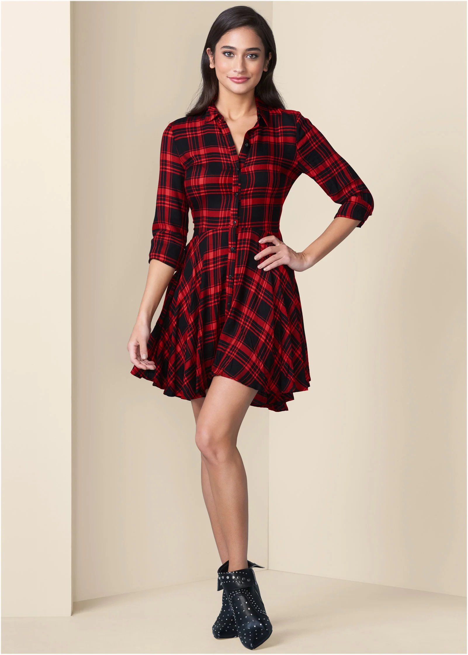 Plaid high low dress - Red Multi
