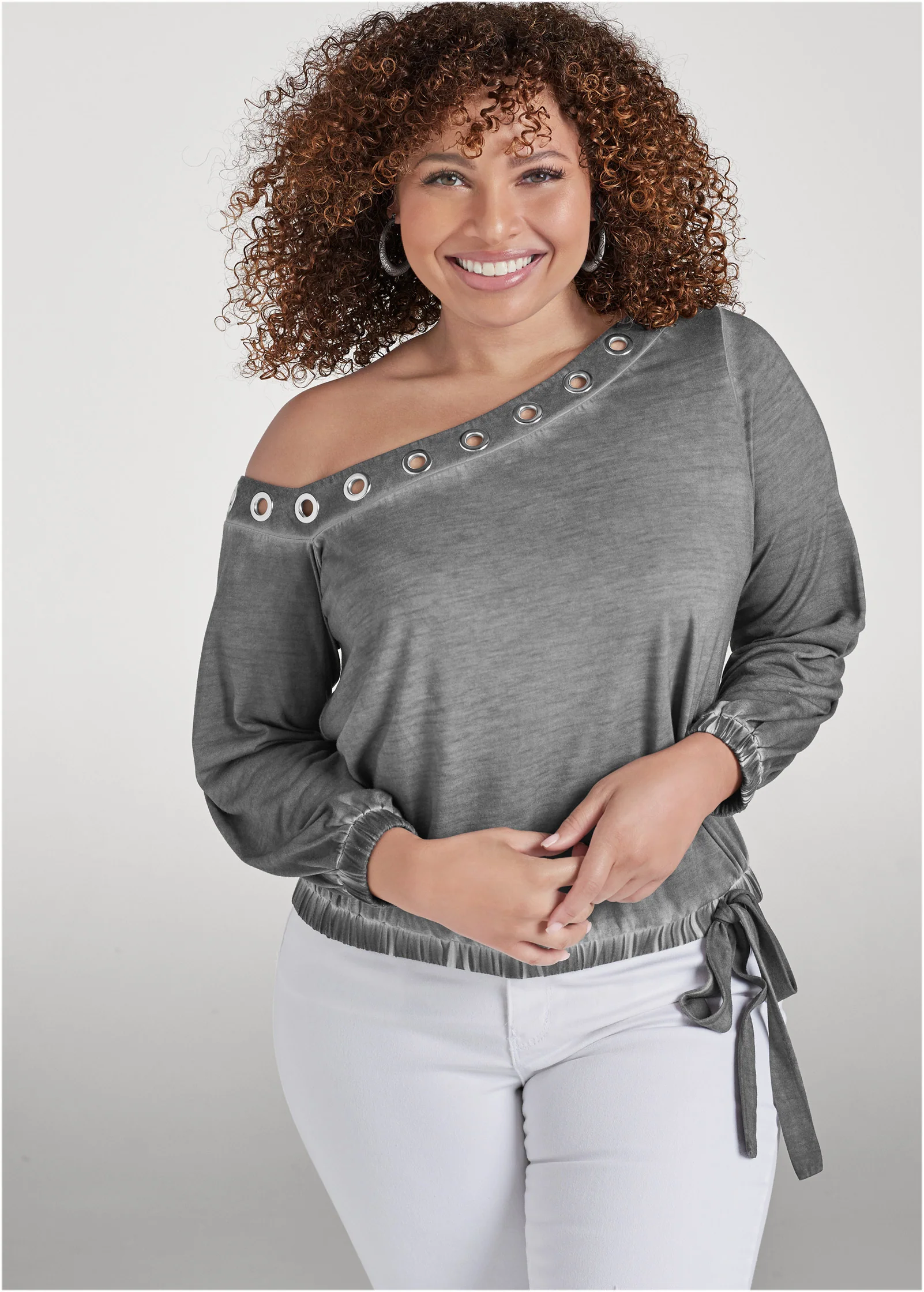 One-shoulder grommet top - Grey