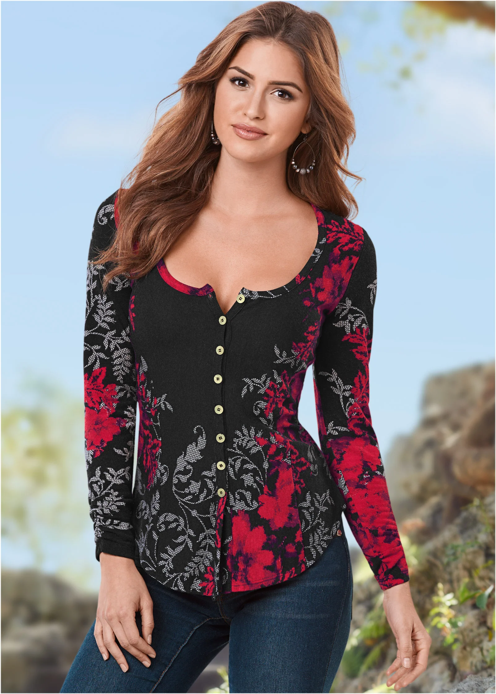 Floral print button down - Red Multi