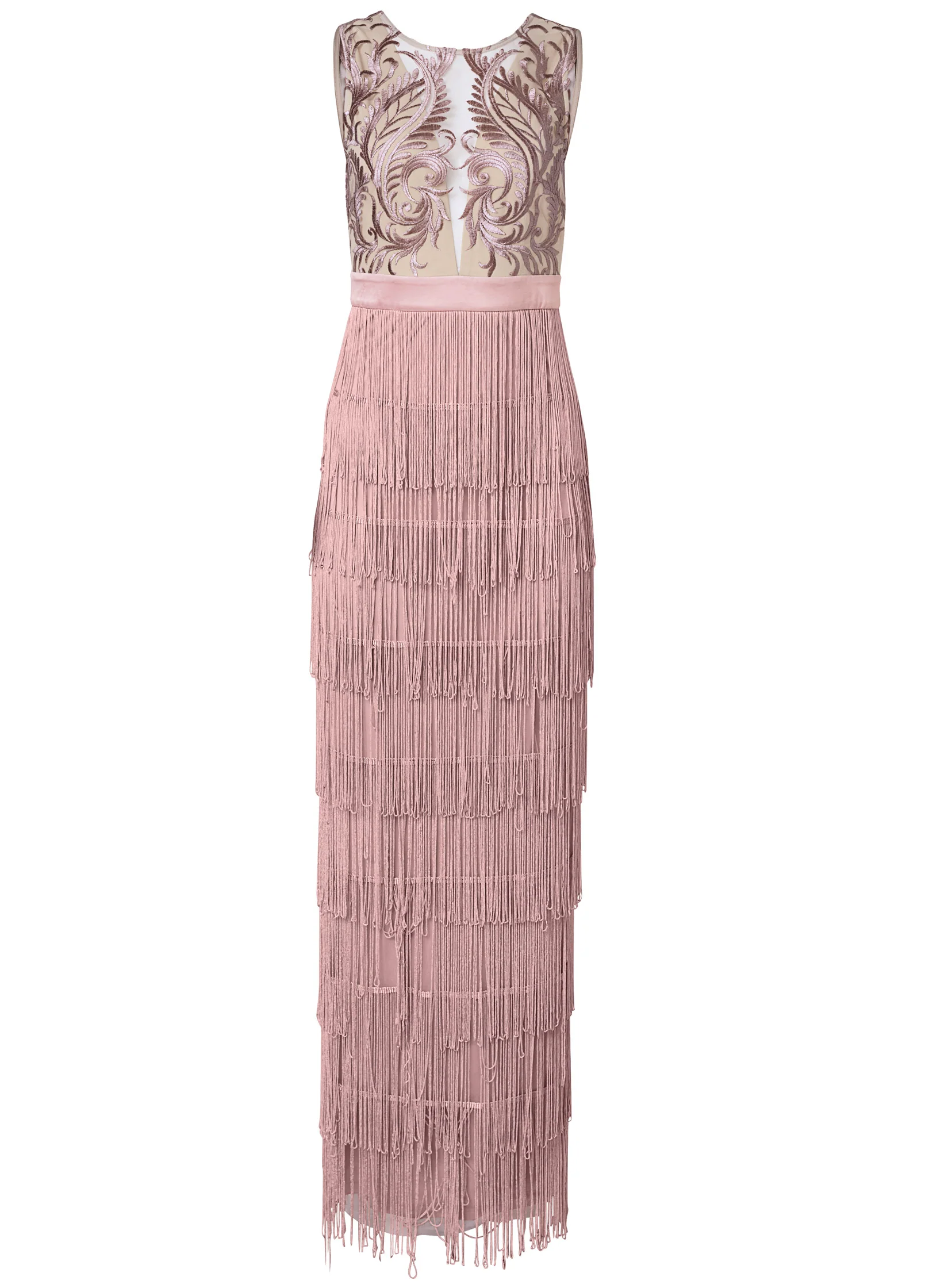 Embroidered fringe long dress - Tan