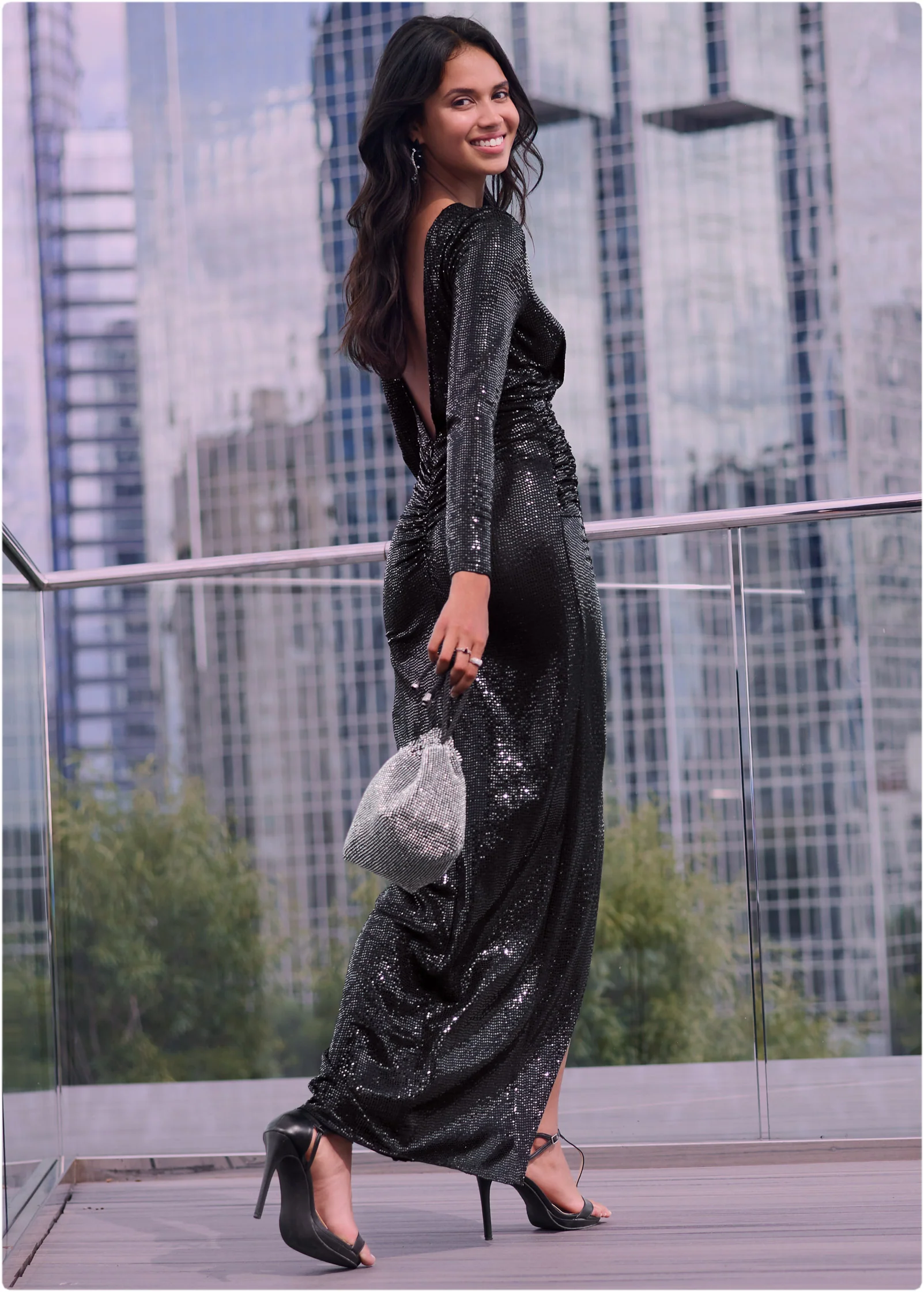 Sequin high-slit long dress - Black