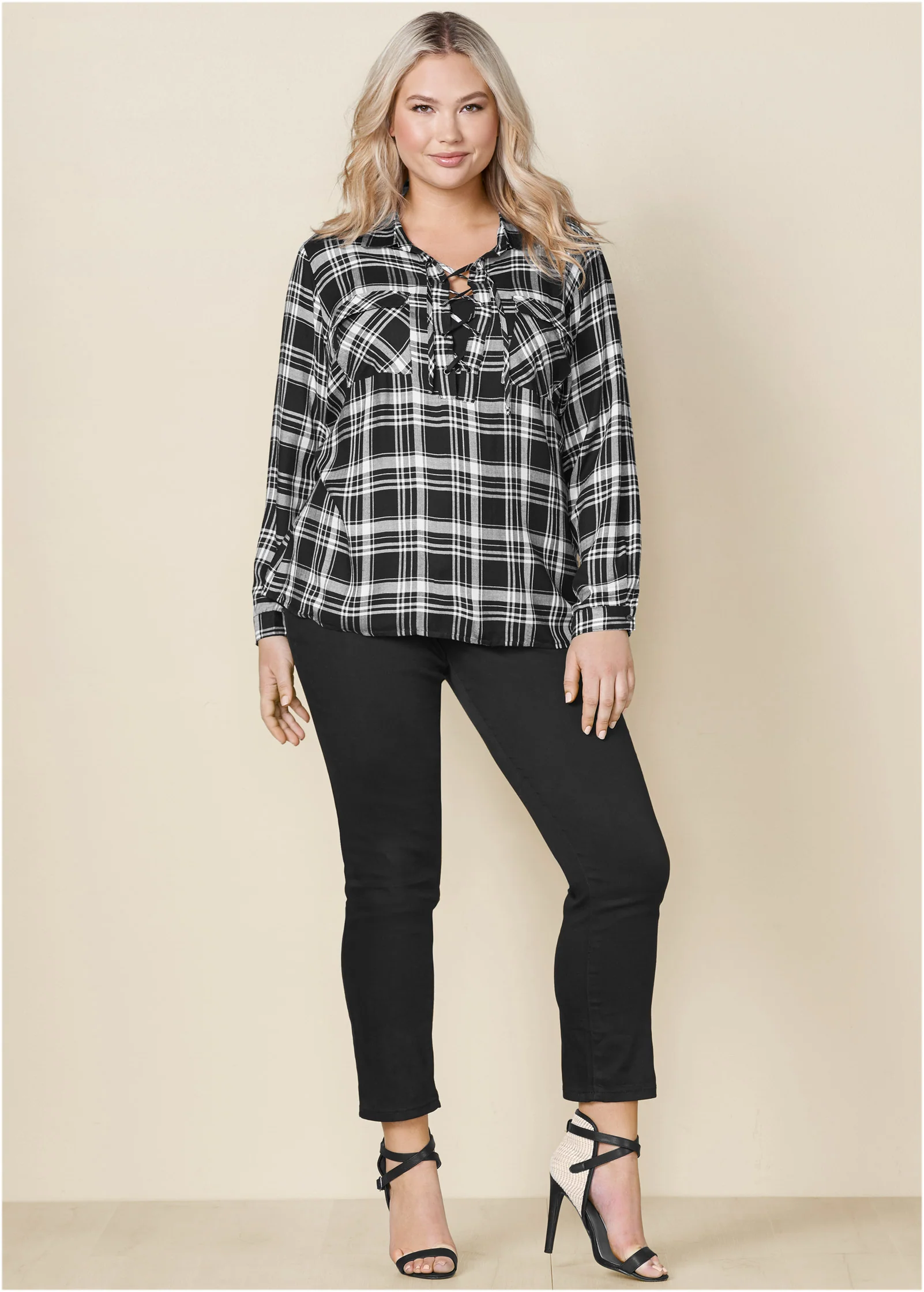 Plaid lace-up top - Black Multi