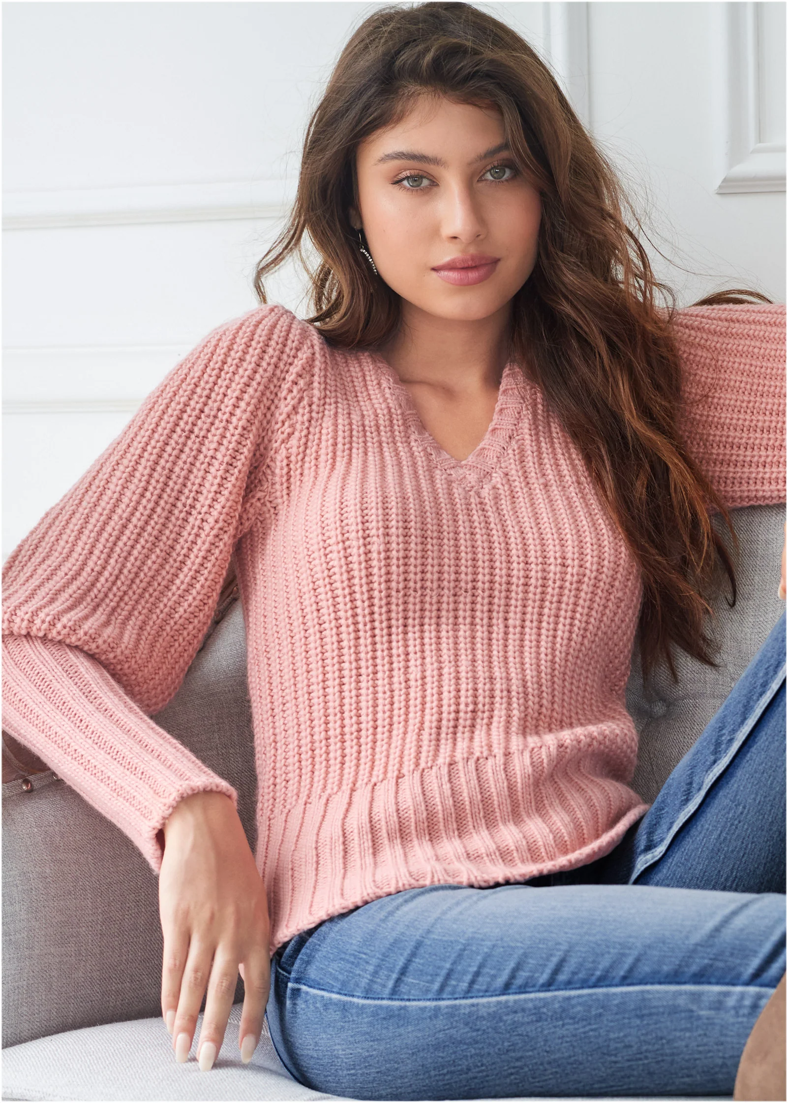 Puff sleeve ribbed v neck sweater - Dusty Pink