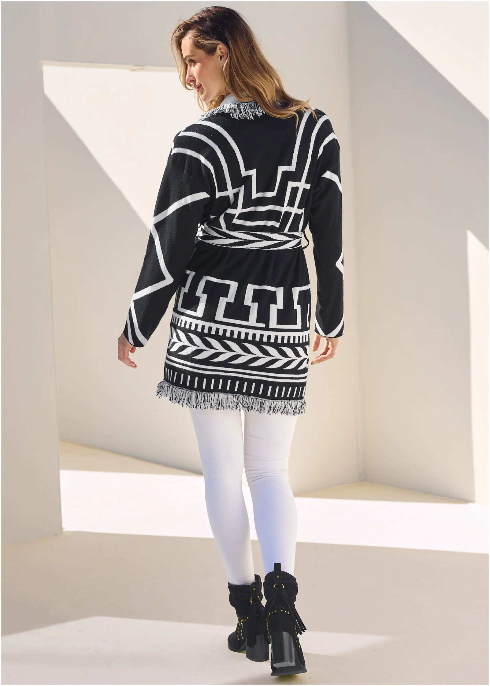 Fringe belted cardigan  - Black & White