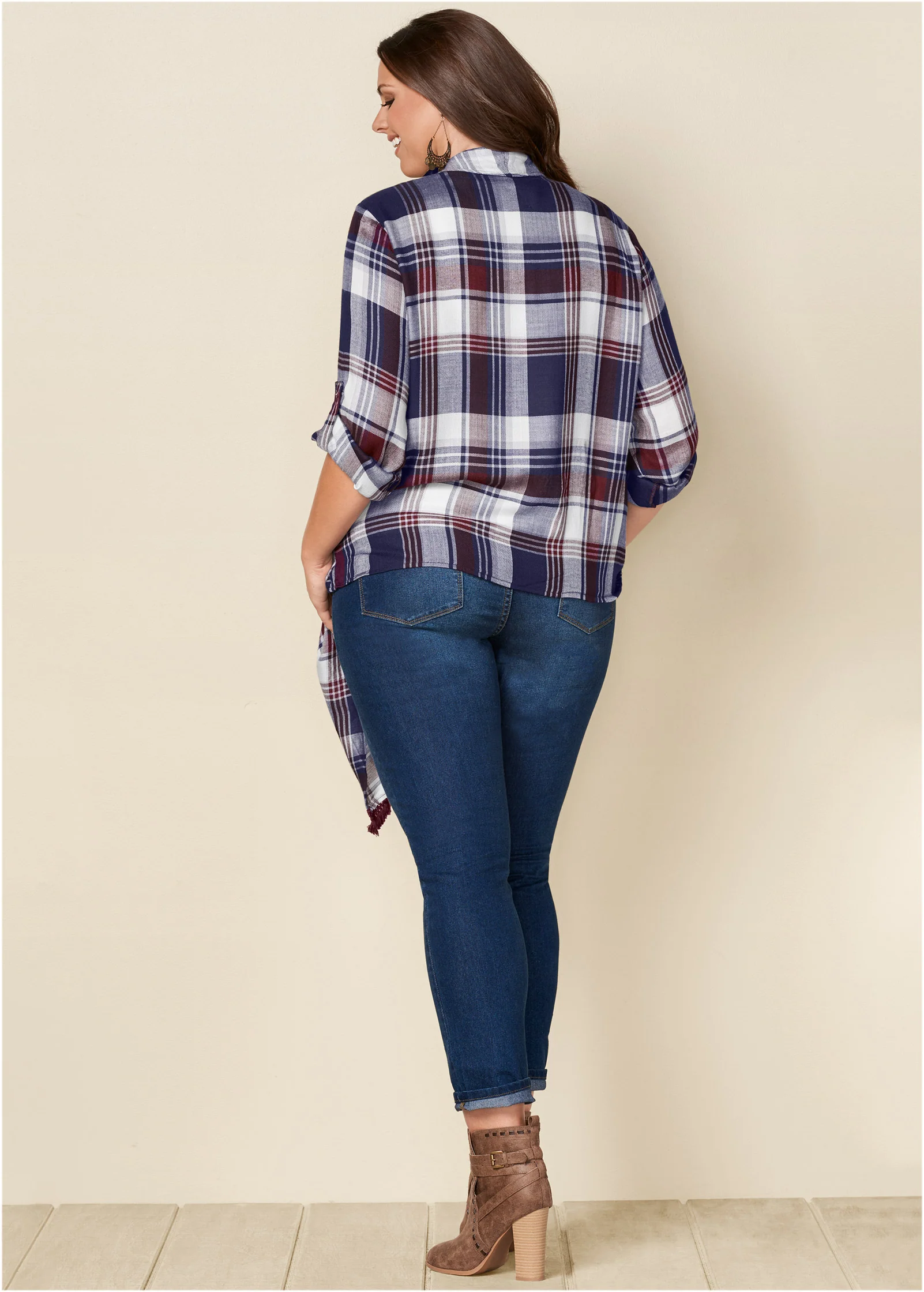 Plaid and fringe cardigan - Navy Multi