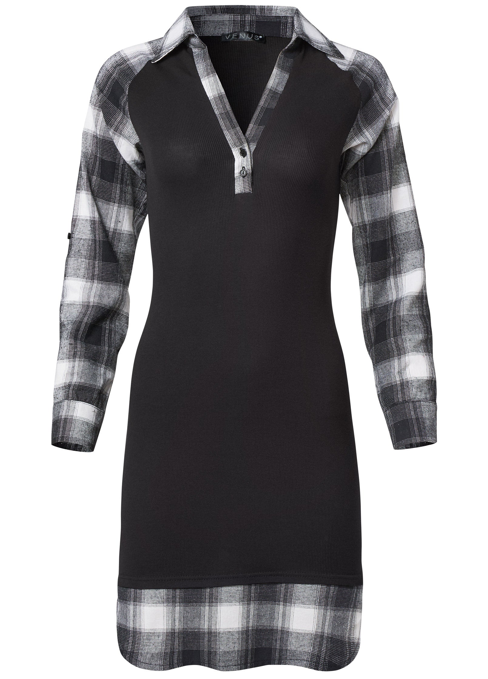 Plaid detail Henley dress - Black & White