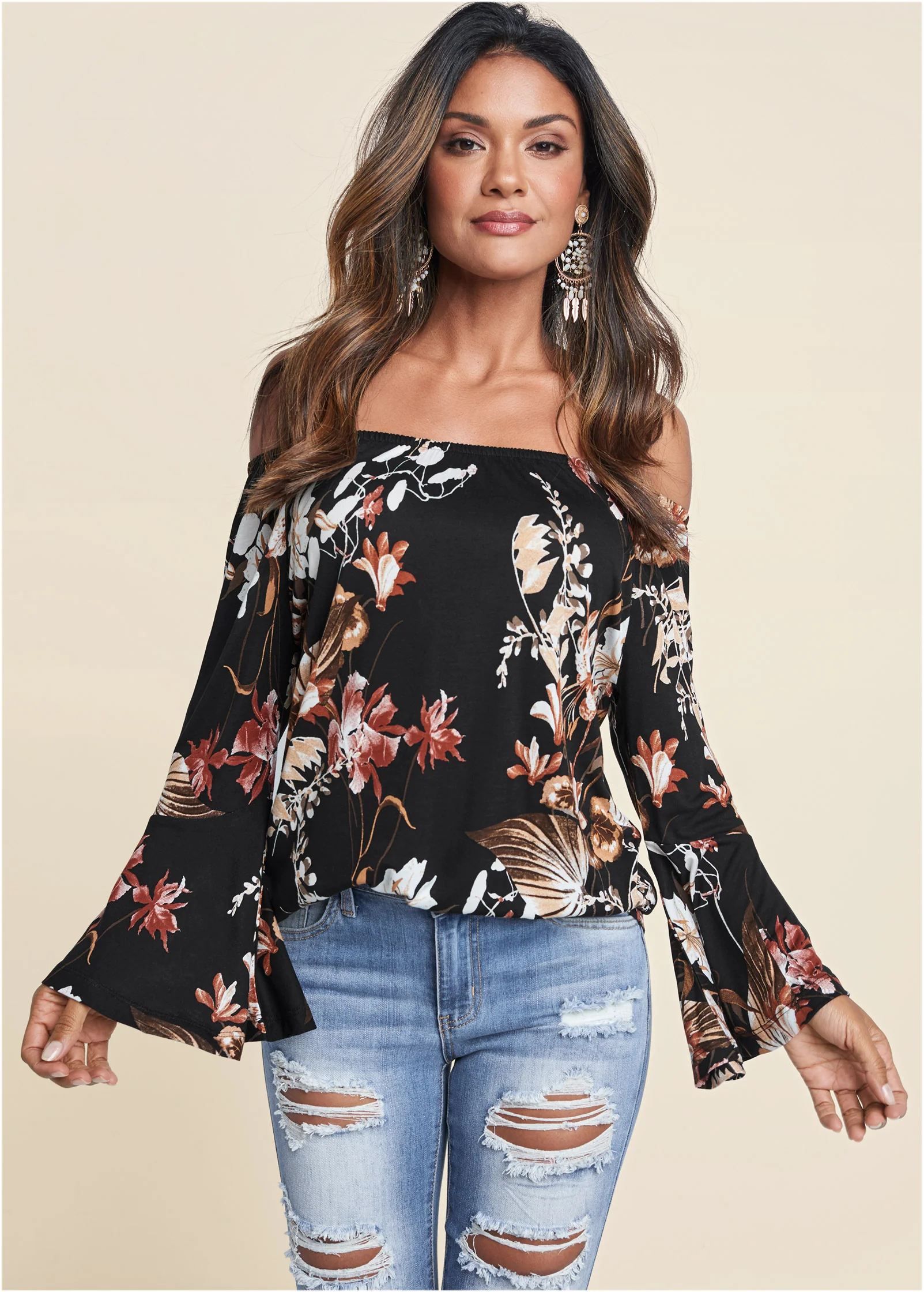 Bell sleeve printed top - Black Multi