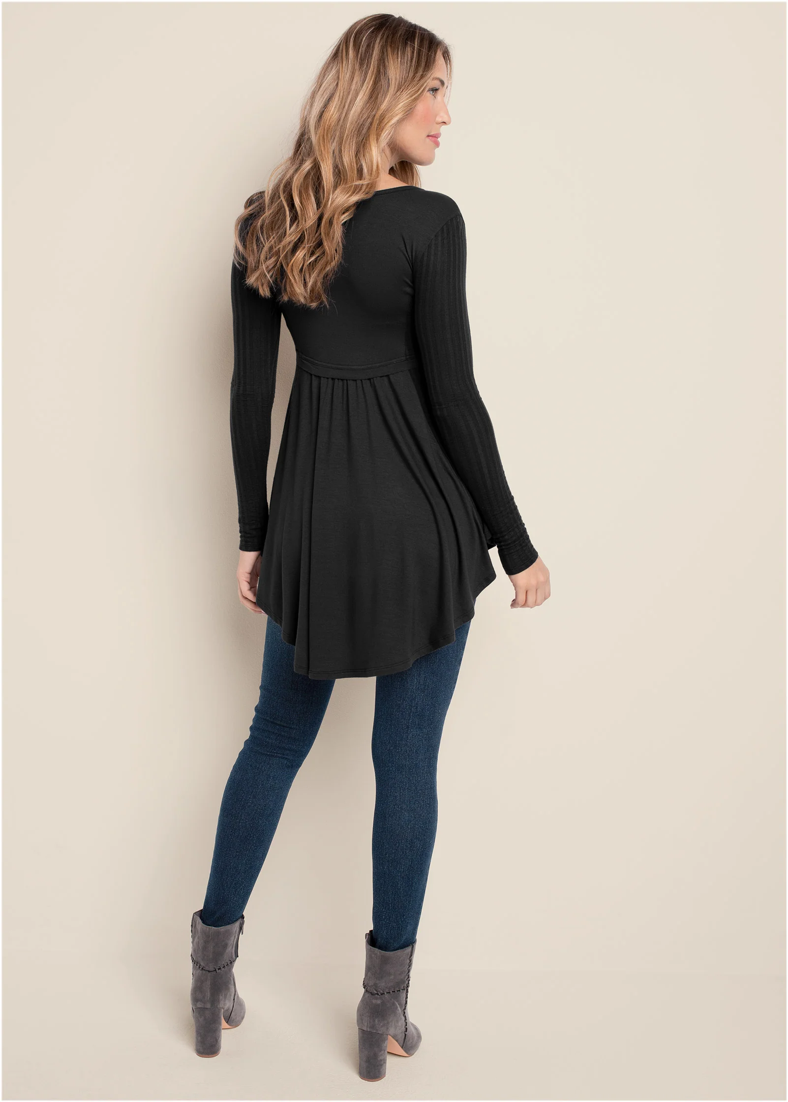 High low ribbed henley casual top - Black