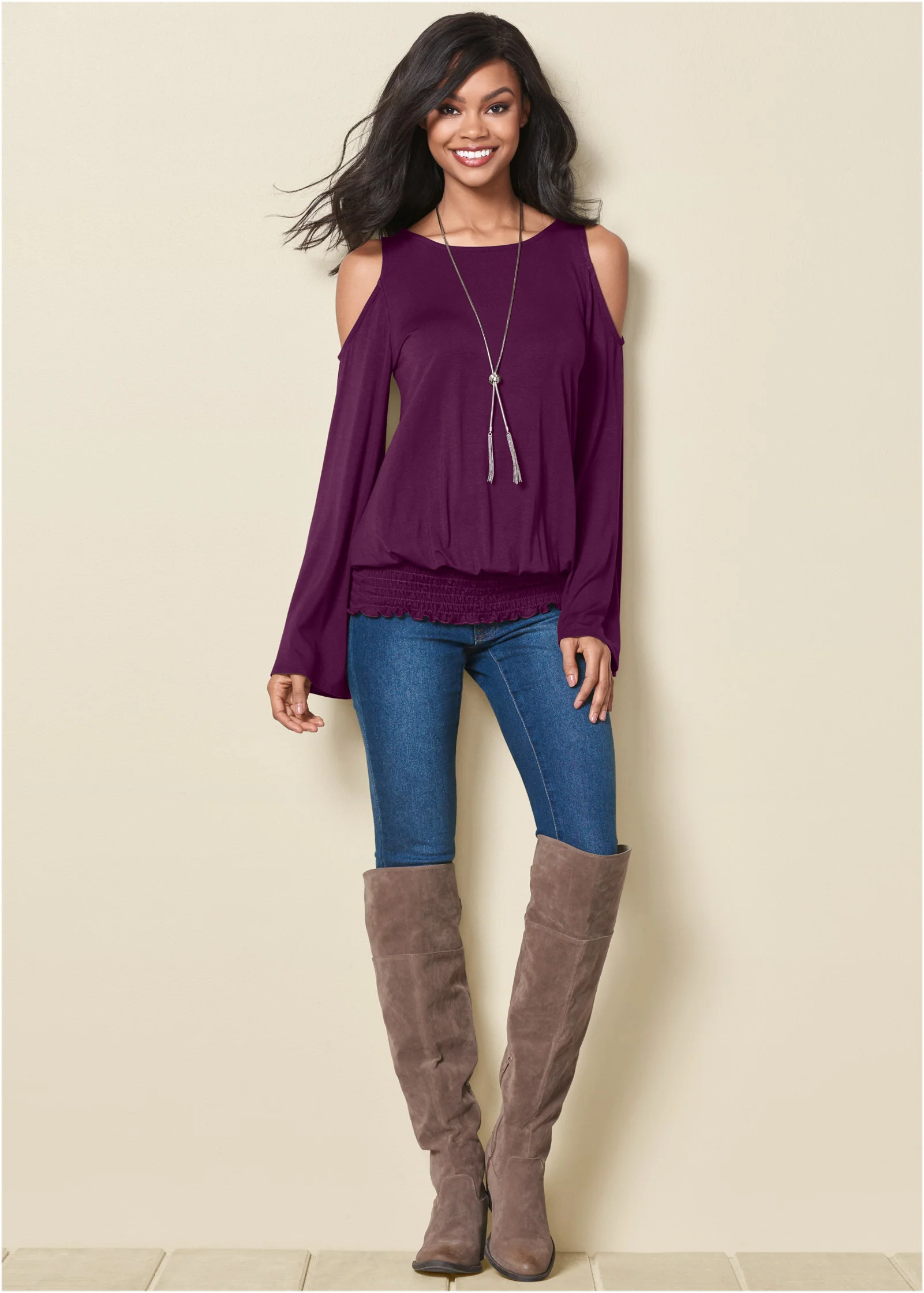 Cold-shoulder blouson top - Dark Purple