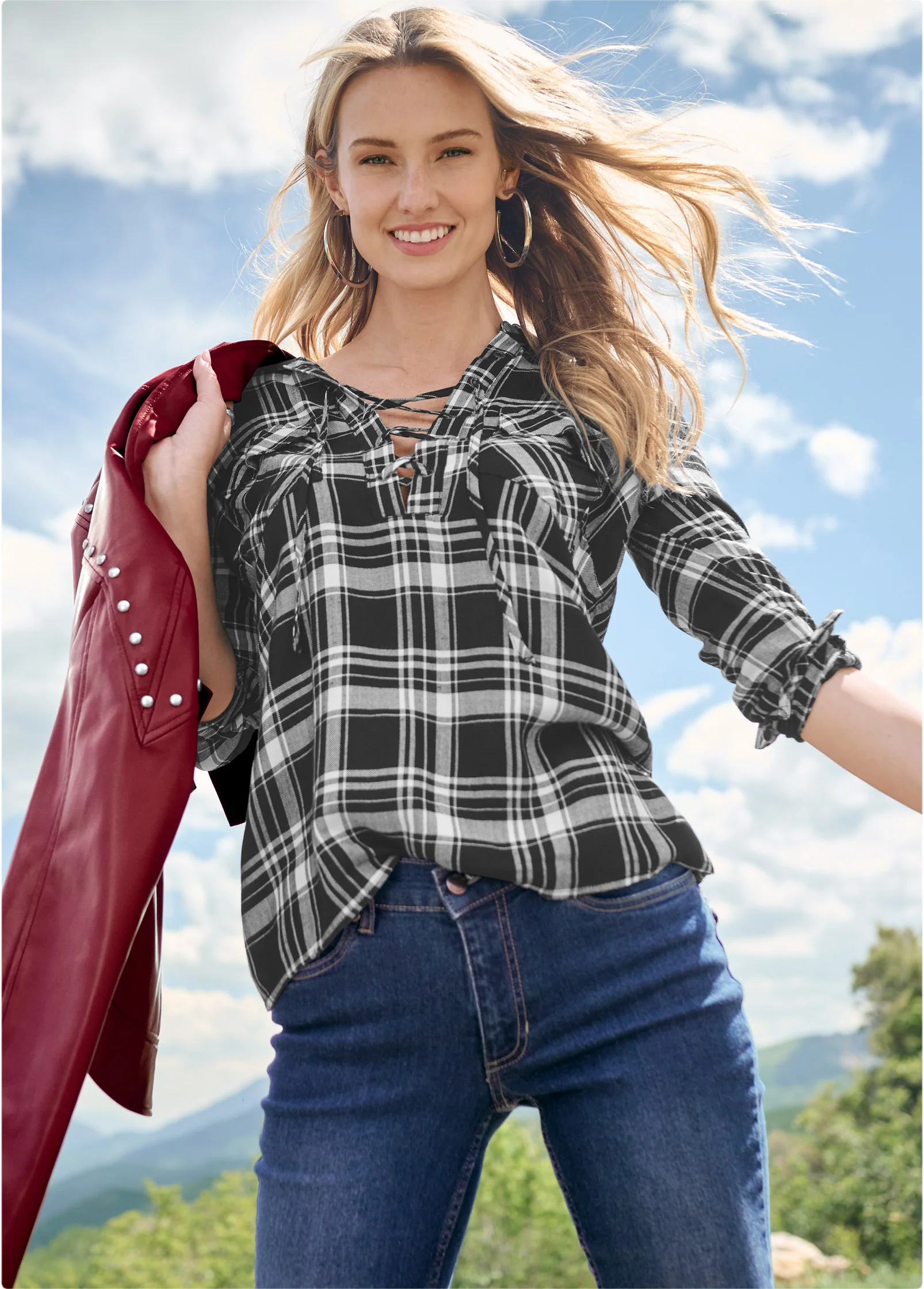 Plaid lace-up top - Black Multi