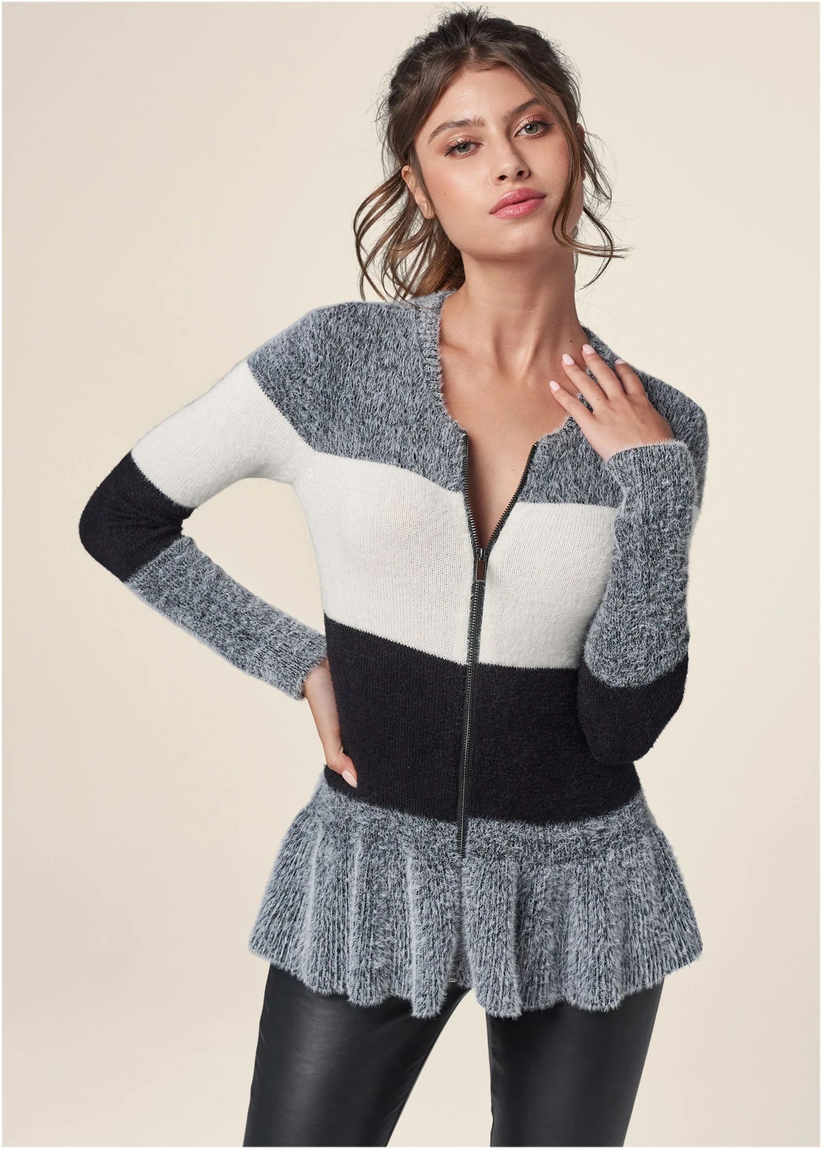 Zip front cozy peplum cardigan - Black Multi