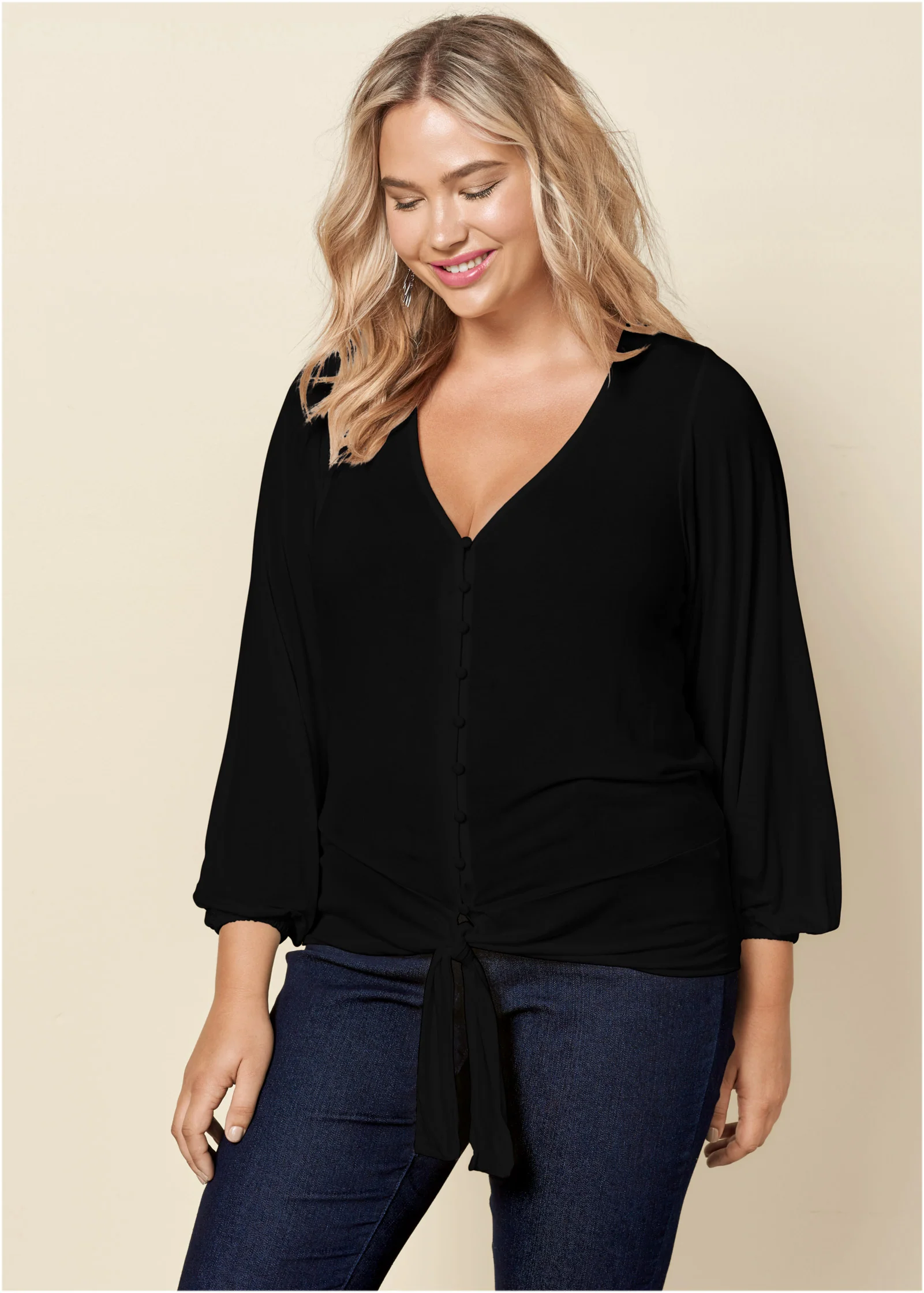 Tie-front button-up top - Black