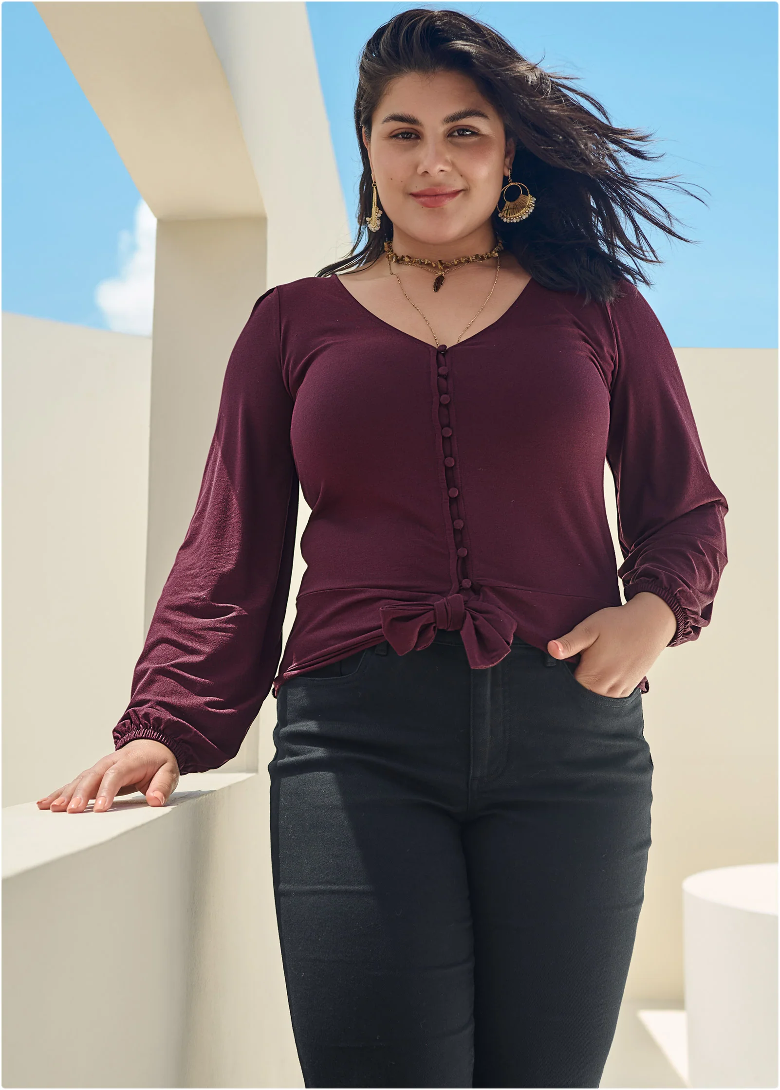 Tie-front button-up top - Wine
