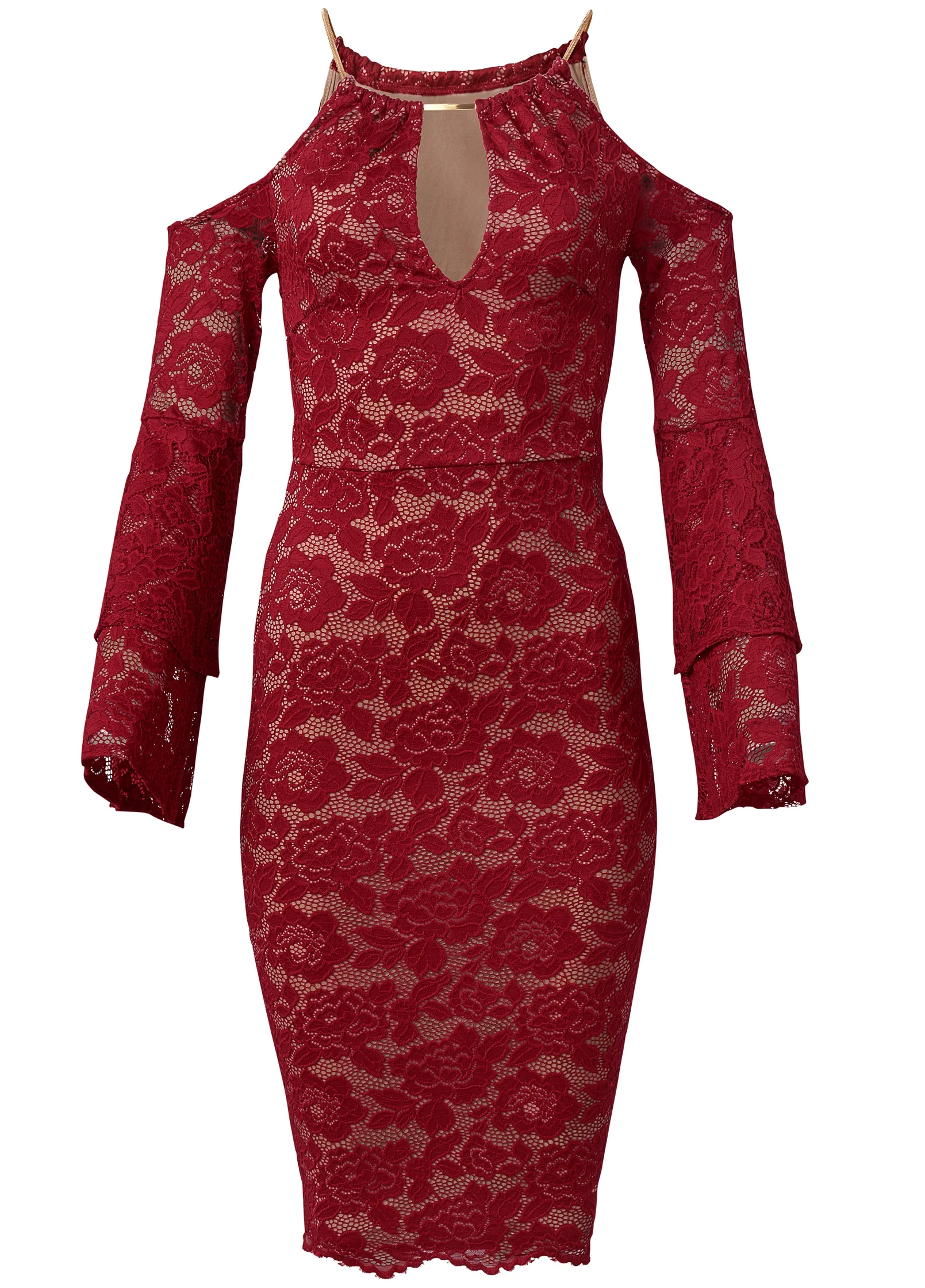 Lace midi dress - Red & Nude