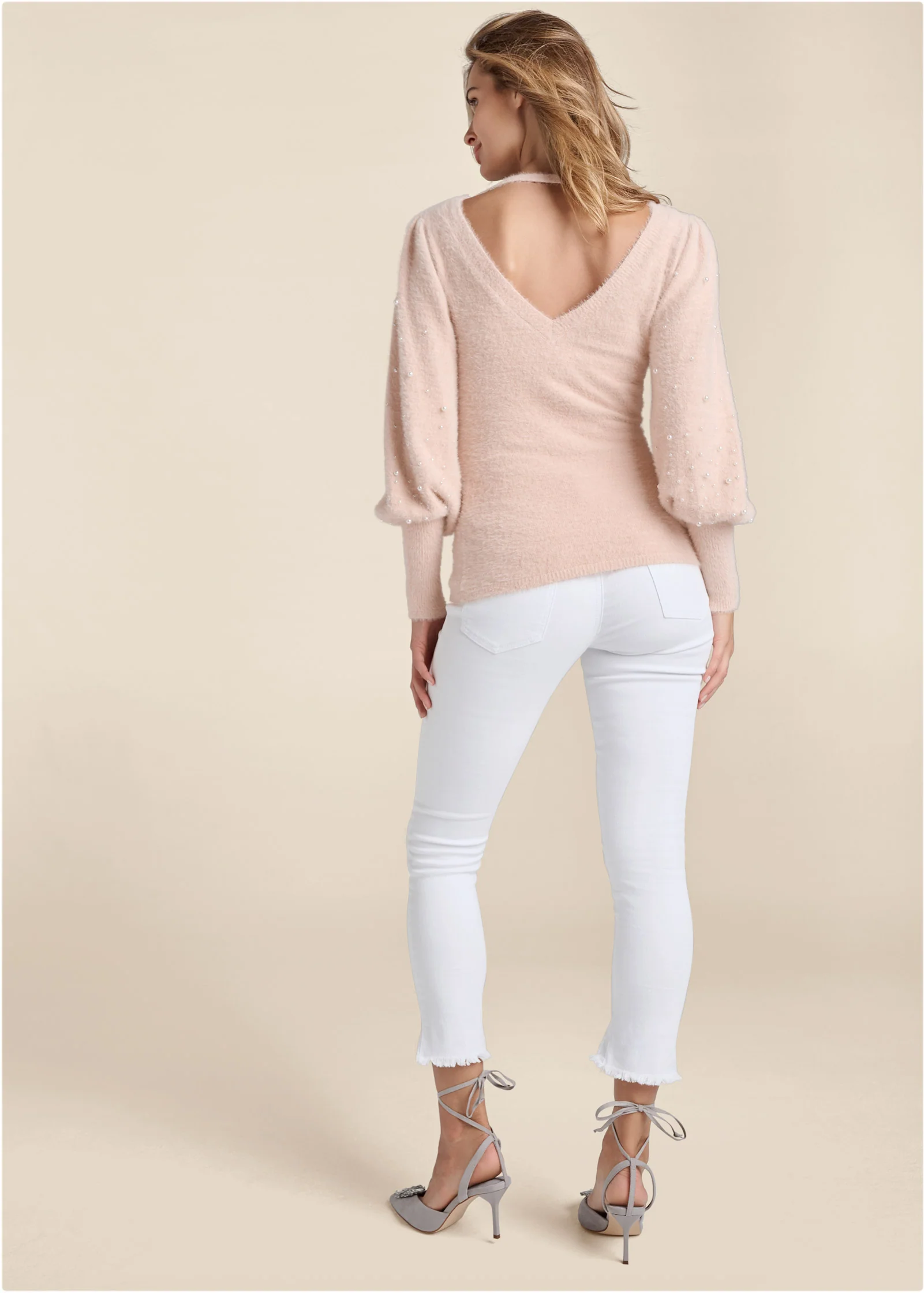 Cozy bubble sleeve sweaters with pearls - Blush