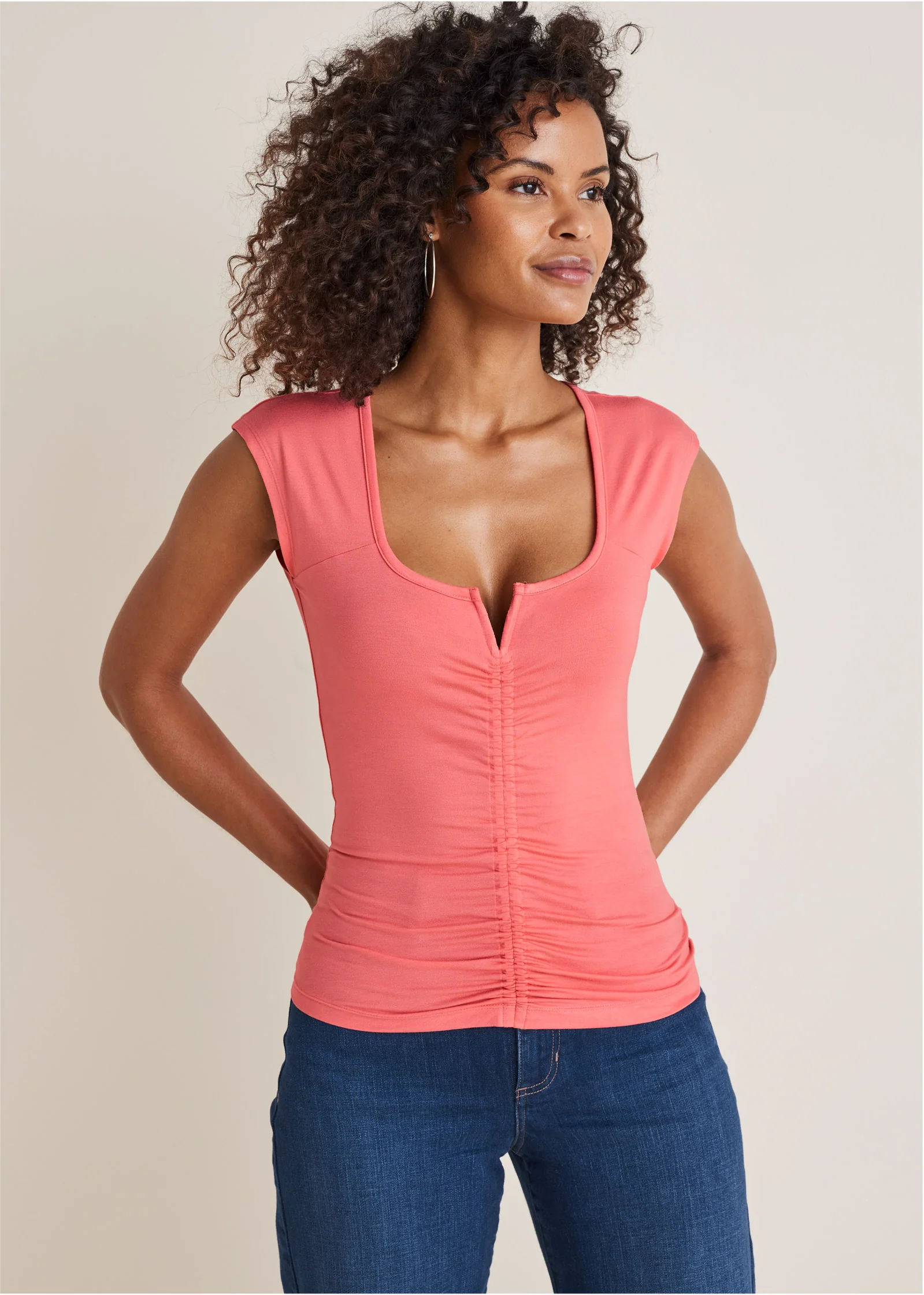 Ruched cap sleeve top - Coral