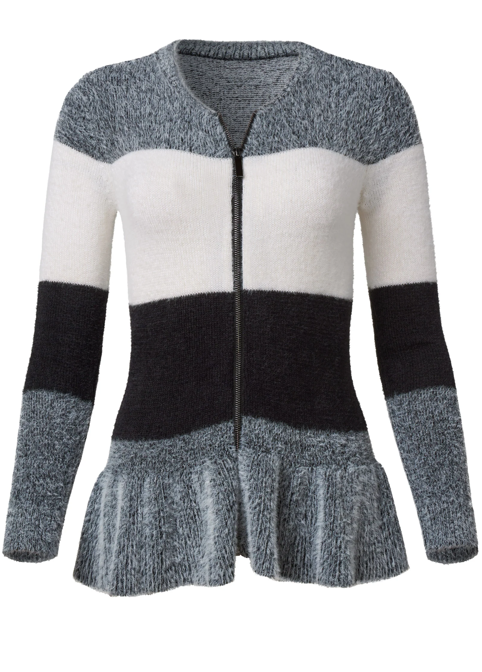 Zip front cozy peplum cardigan - Black Multi