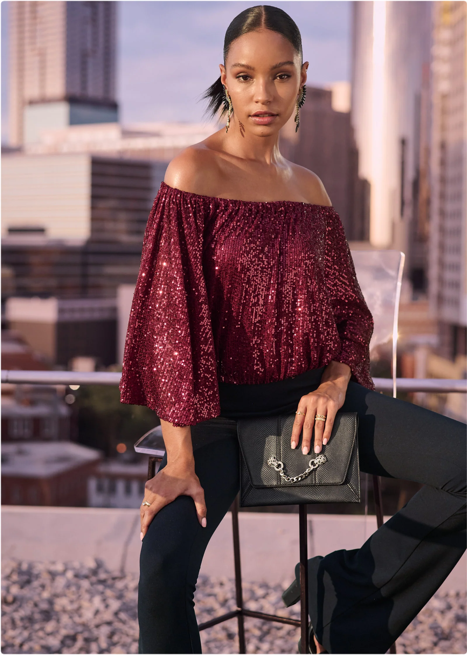 Off-the-shoulder sequin top - Wine