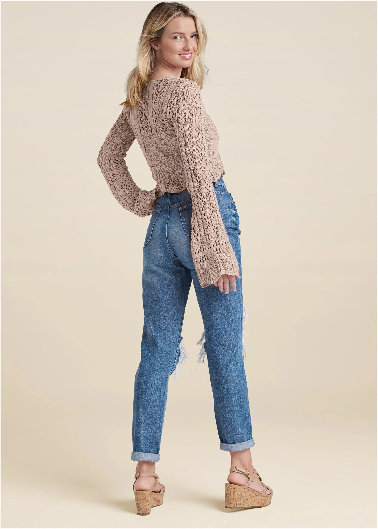 Tie front cropped crochet cardigan - Taupe