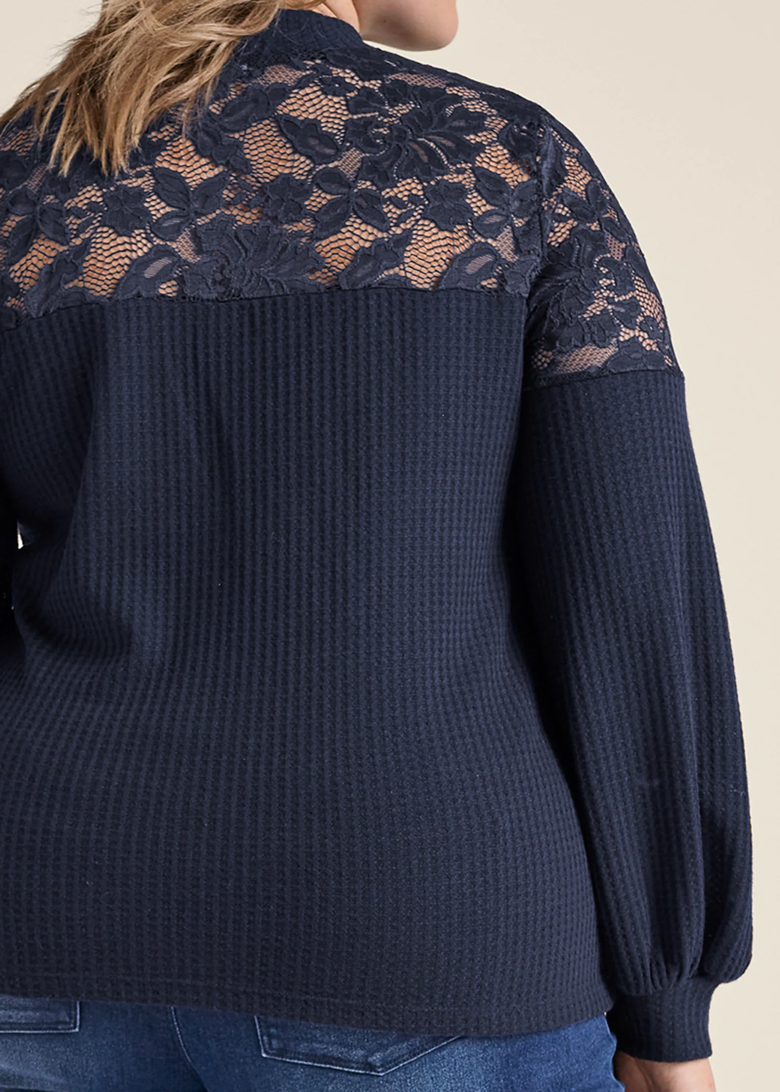 Waffle mock-neck lace top - Navy