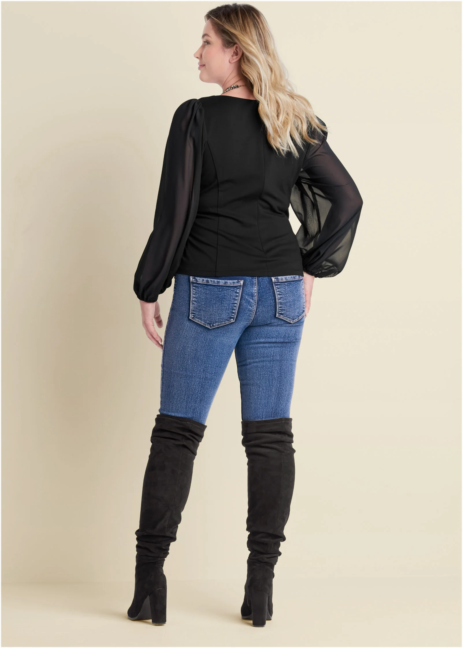 Faux leather mesh sleeve top - Black