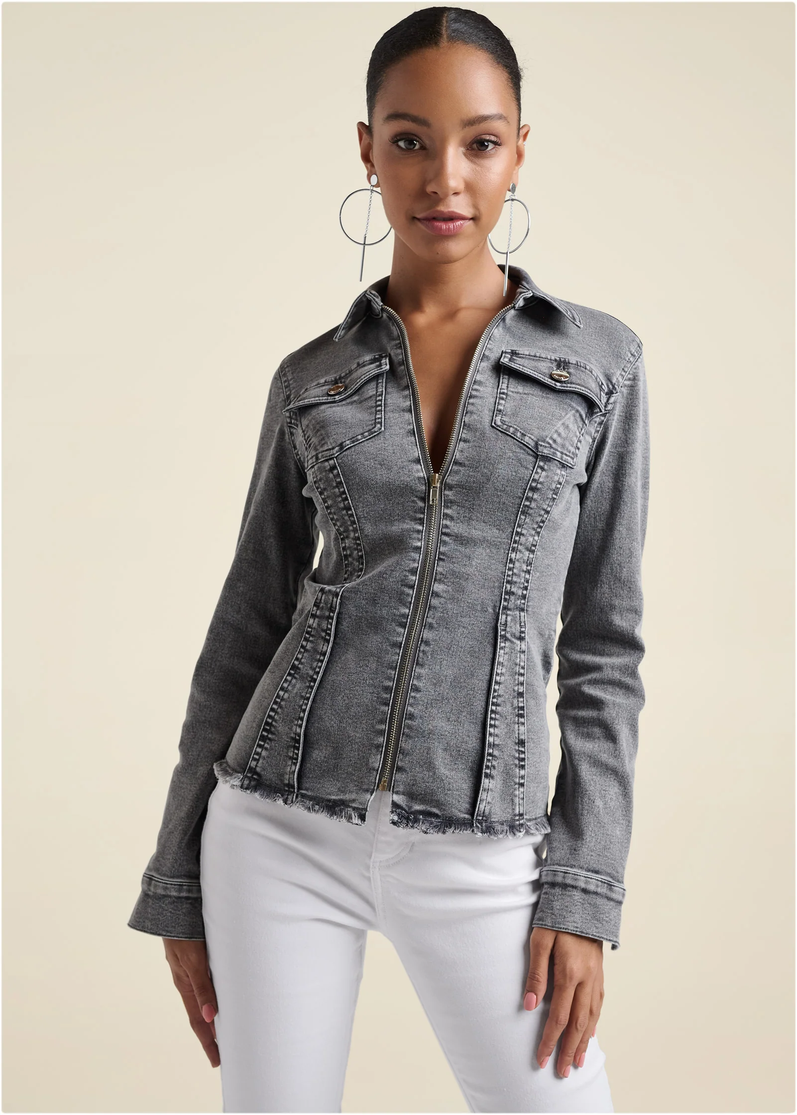 Lace-up back denim top - Grey Multi