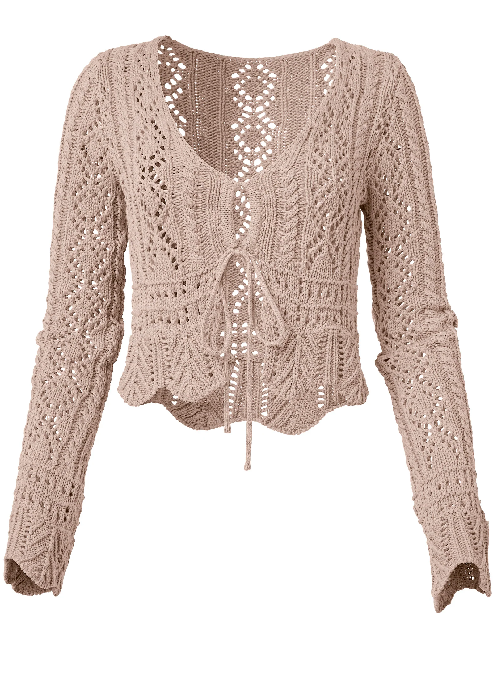 Tie front cropped crochet cardigan - Taupe