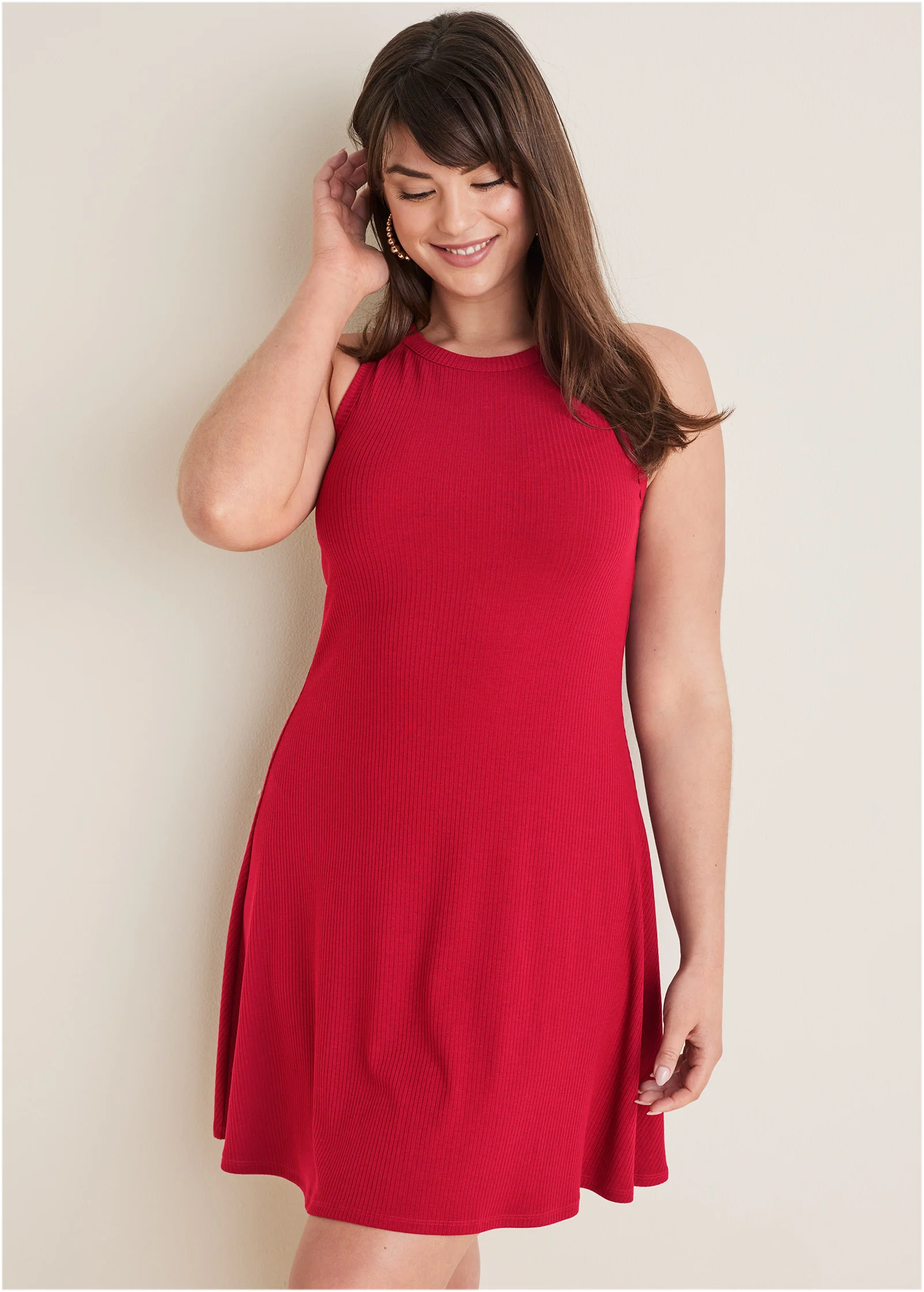 Ribbed fit and flare dress - Red