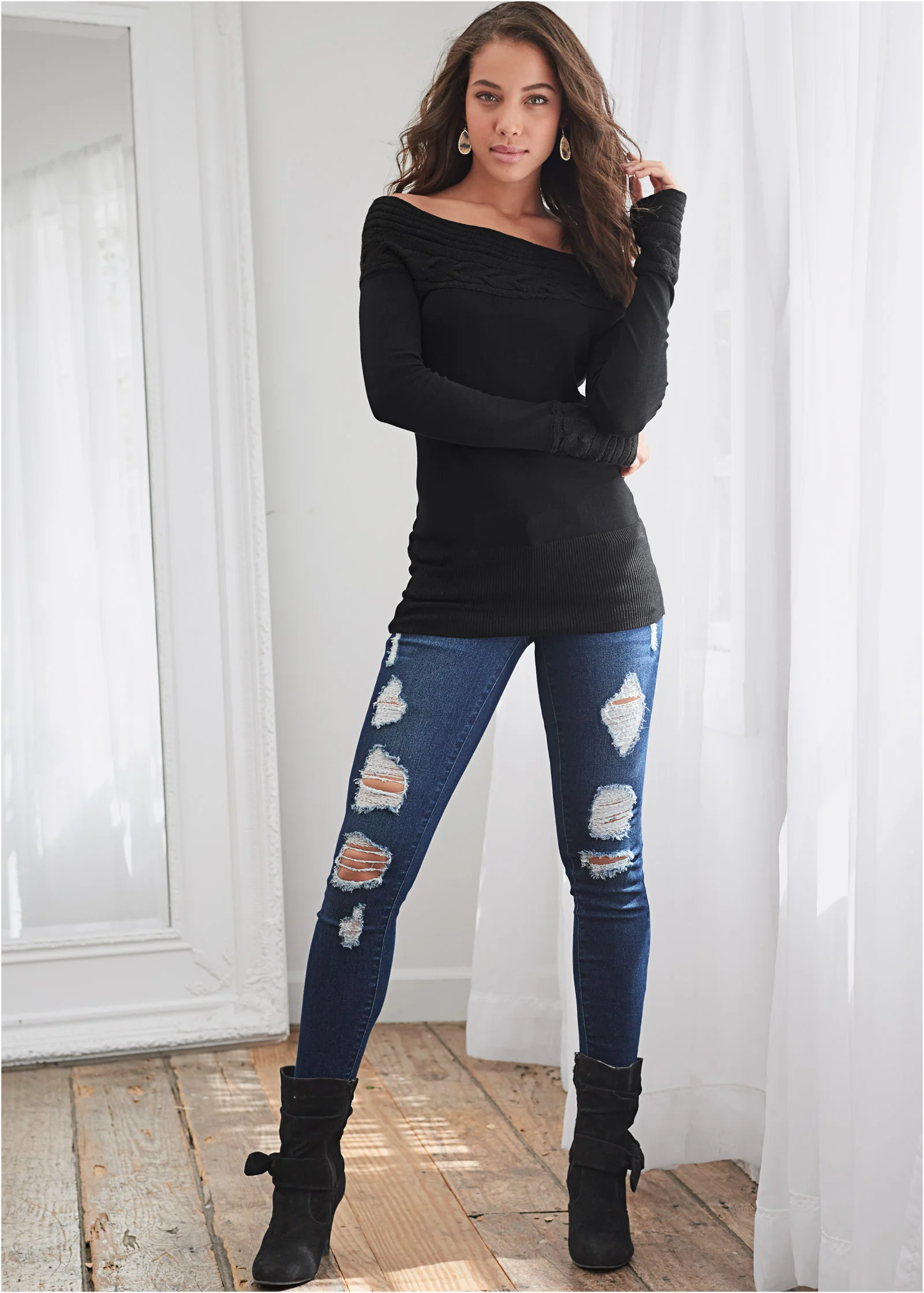 Cable detail tunic sweater - Black