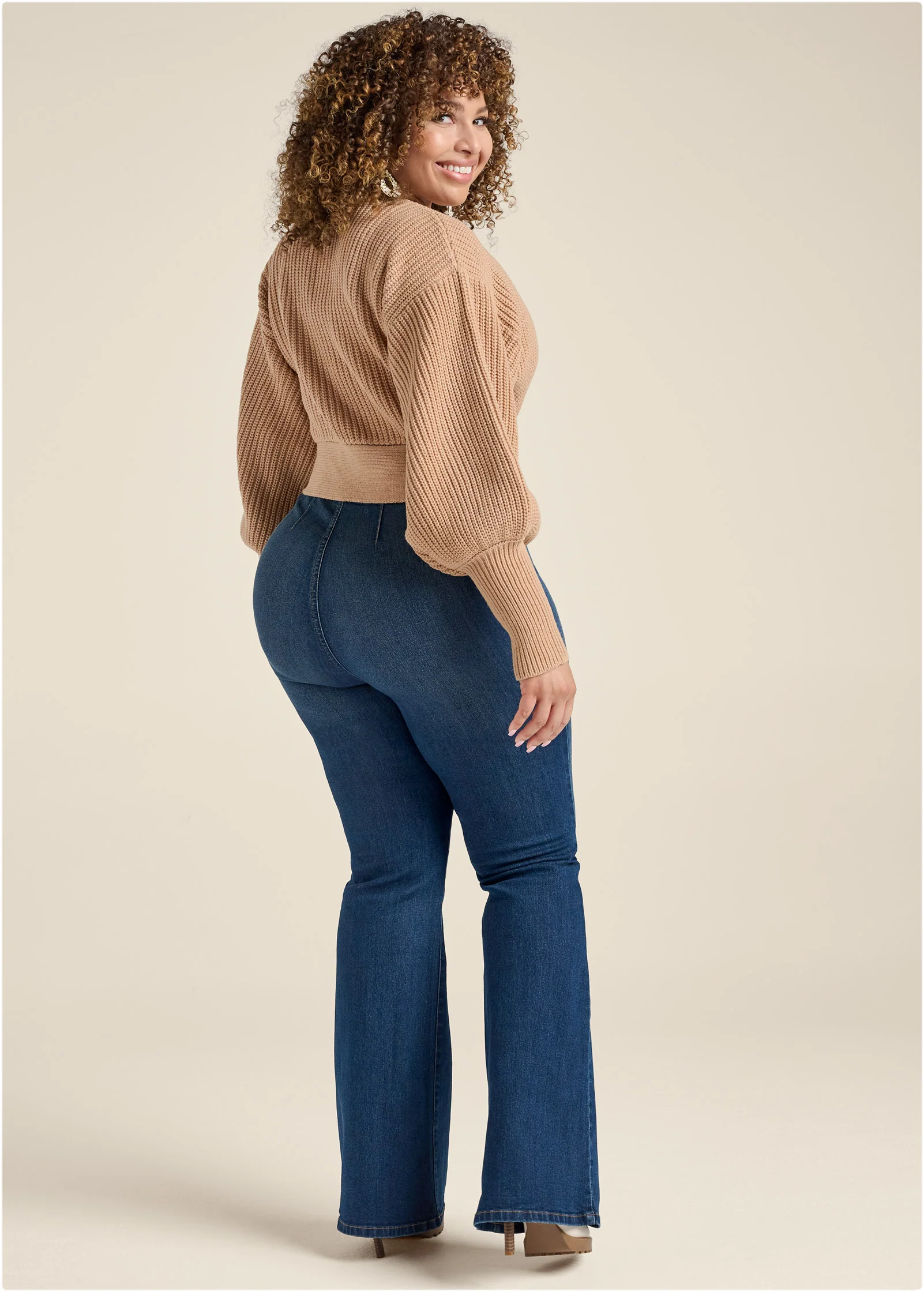 Wrap balloon sleeve sweater - Light Brown